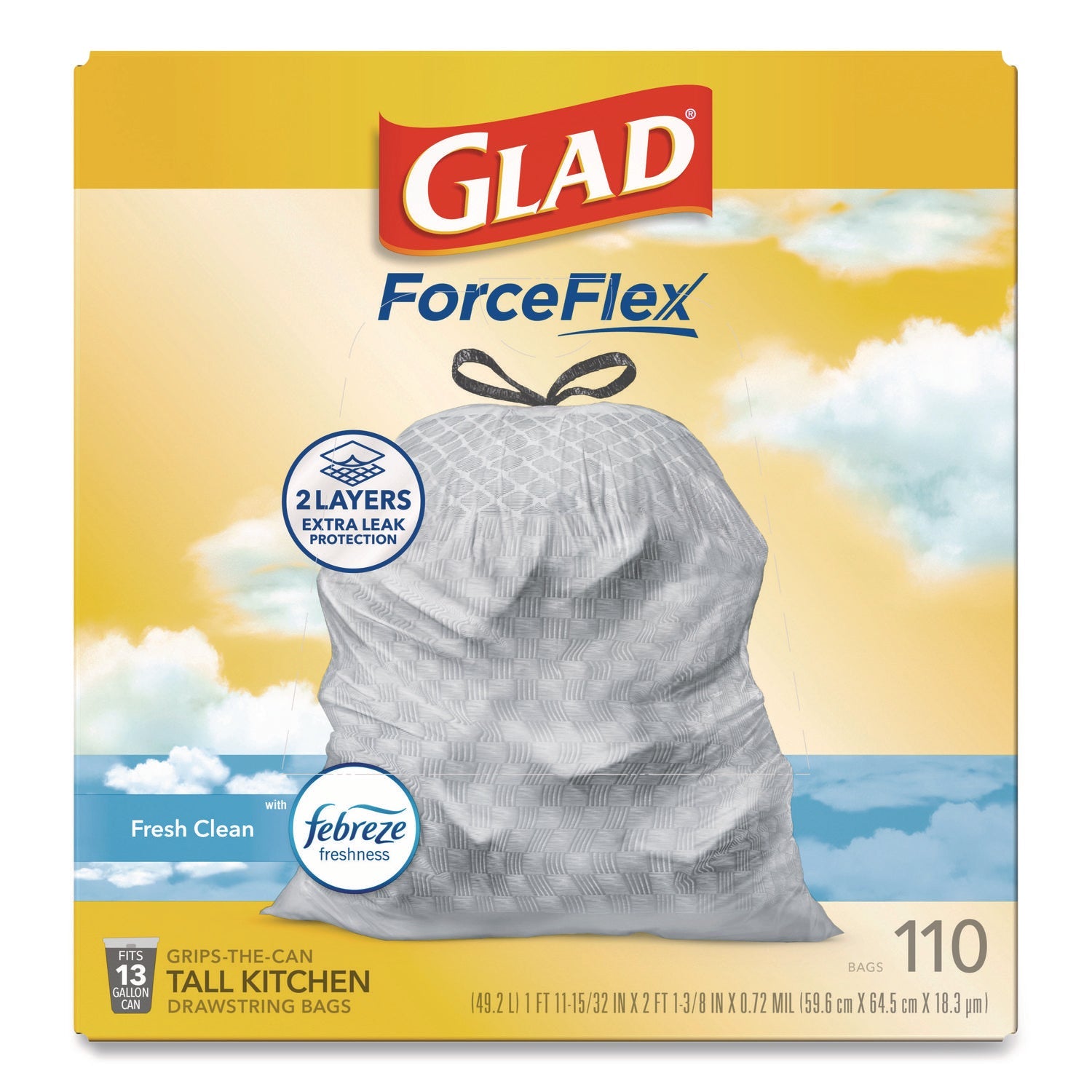 Glad® ForceFlex Tall Kitchen Drawstring Trash Bags, Drawstring, 13 gal, Fresh Clean Scent, 10.19 x 9.81, Gray, 110/Roll, 3/Carton - Bloom Skins