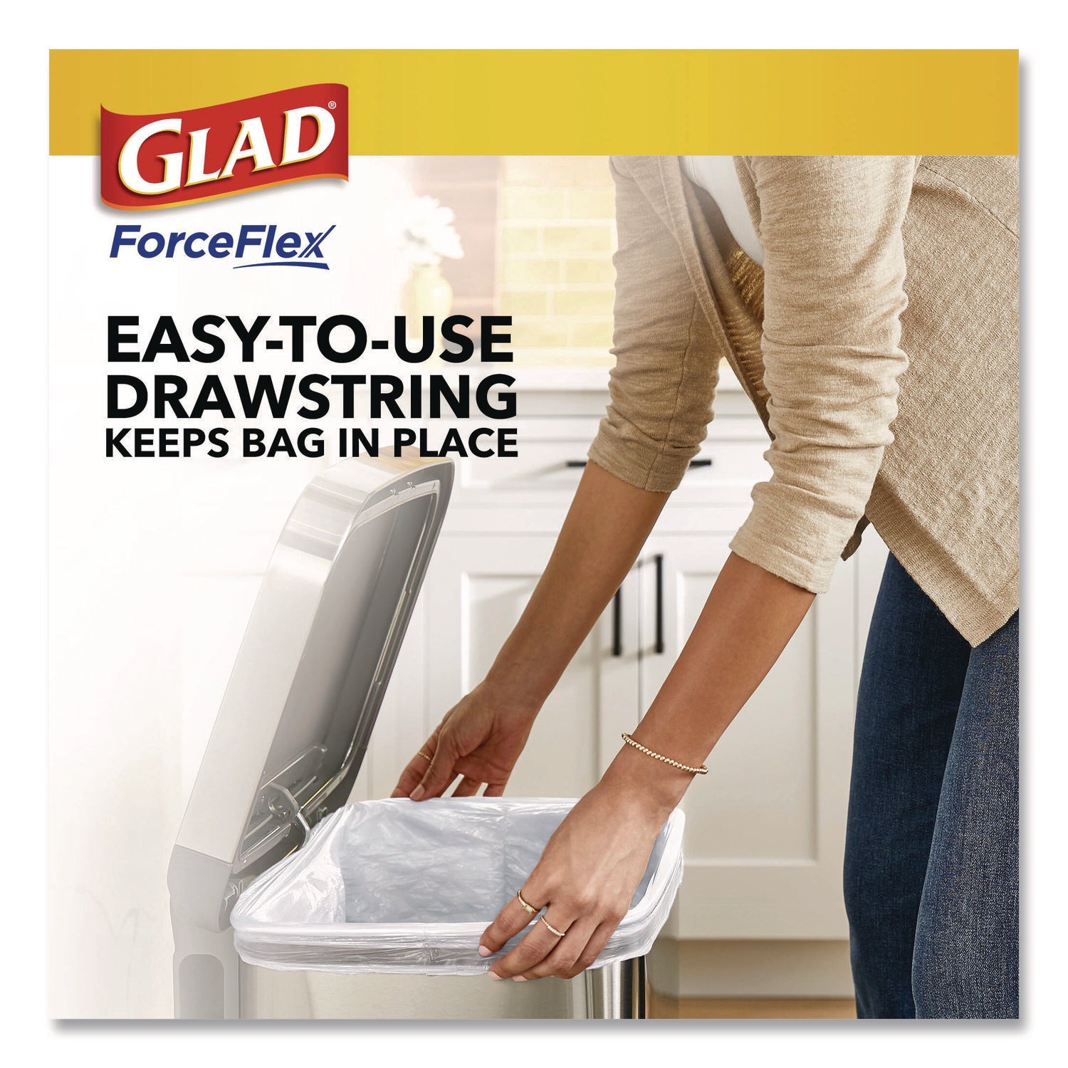Glad® ForceFlex Tall Kitchen Drawstring Trash Bags, Drawstring, 13 gal, Fresh Clean Scent, 10.19 x 9.81, Gray, 110/Roll, 3/Carton - Bloom Skins
