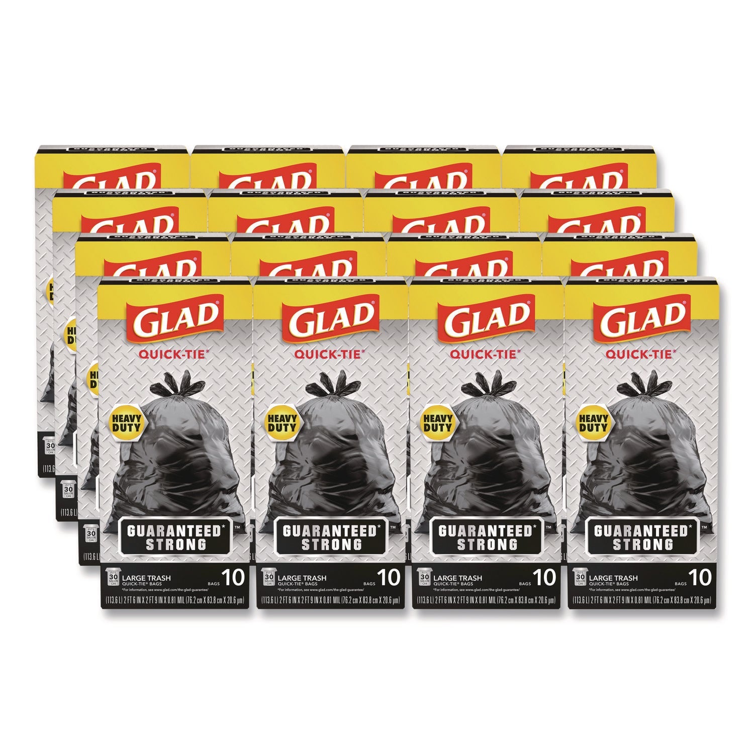Glad® Large Quick-Tie Trash Bags, Tie-Flap, 30 gal, 0.81 mil, 30 x 33, Black, 10 Bags/Box, 12 Boxes/Carton - Bloom Skins