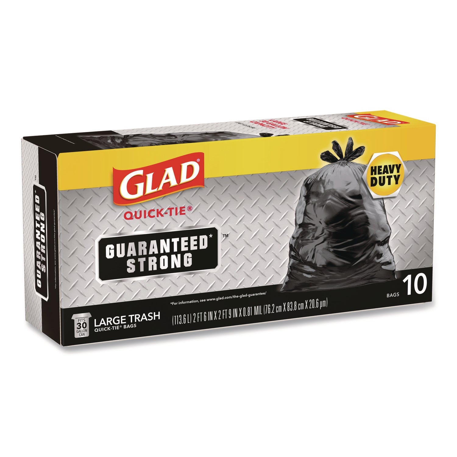 Glad® Large Quick-Tie Trash Bags, Tie-Flap, 30 gal, 0.81 mil, 30 x 33, Black, 10 Bags/Box, 12 Boxes/Carton - Bloom Skins