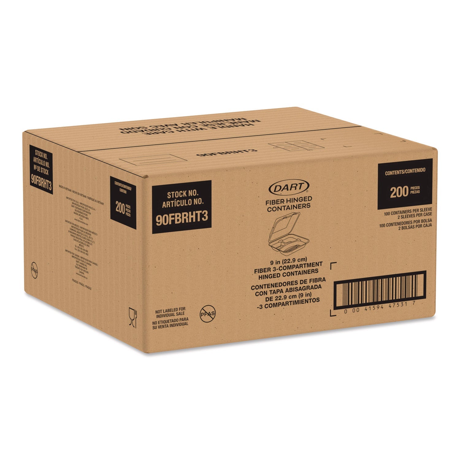 Dart® Compostable Molded Fiber Hinged Trays, ProPlanet Seal, 3 Compartments, 9.14 x 9 x 2.98, Natural, 200/Carton - Bloom Skins