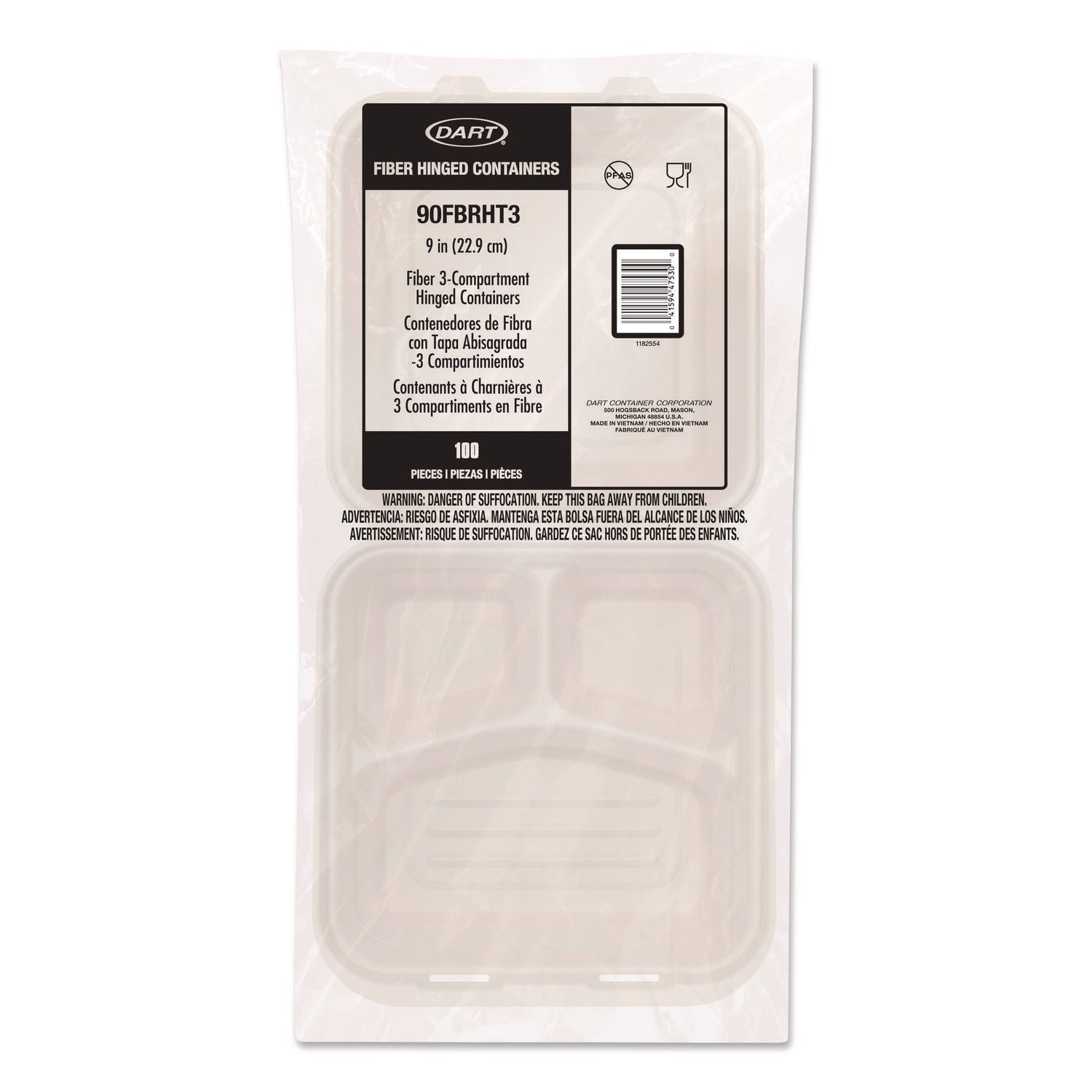 Dart® Compostable Molded Fiber Hinged Trays, ProPlanet Seal, 3 Compartments, 9.14 x 9 x 2.98, Natural, 200/Carton - Bloom Skins