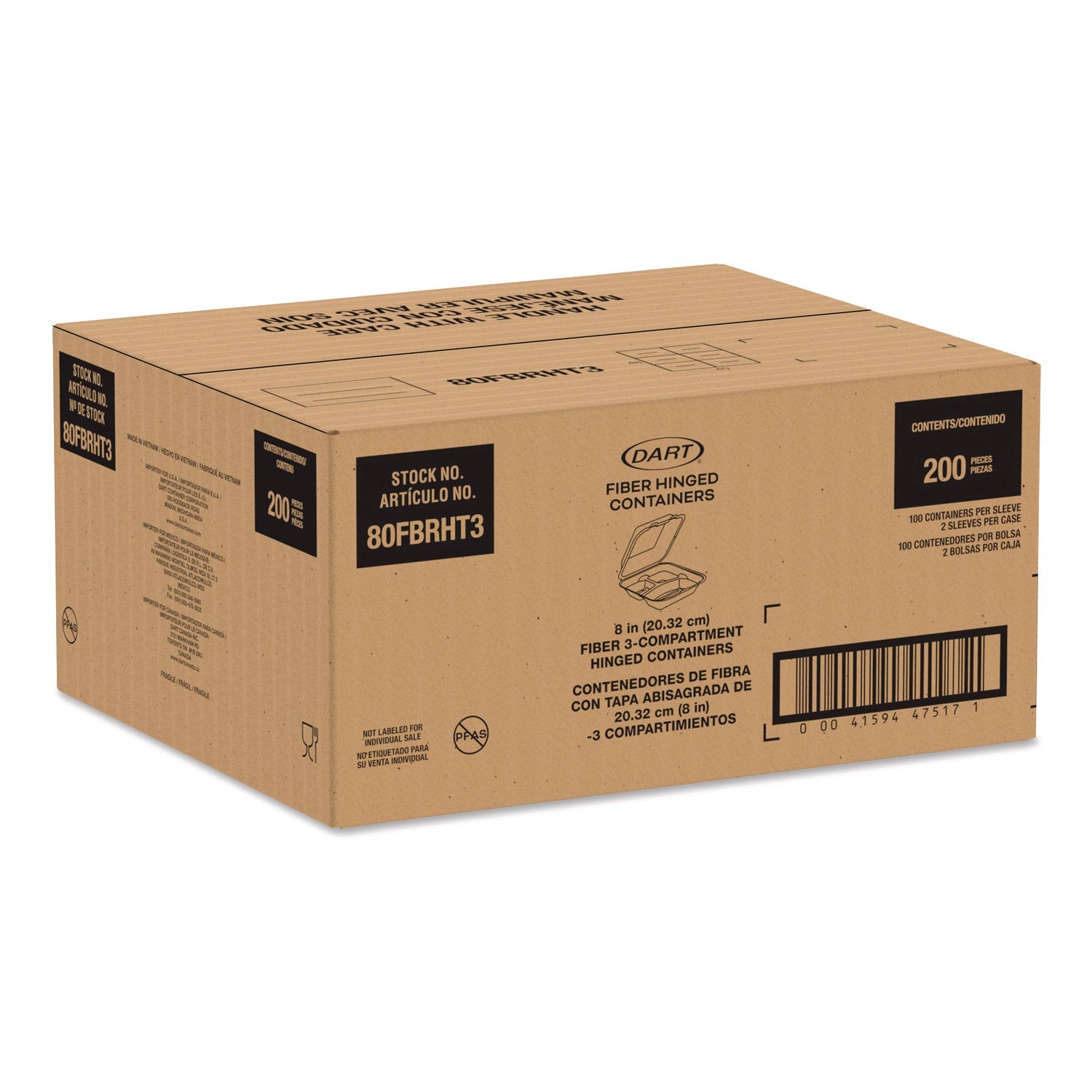 Dart® Compostable Molded Fiber Hinged Trays, ProPlanet Seal, 3 Compartments, 8.65 x 7.94 x 2.98, Natural, 200/Carton - Bloom Skins