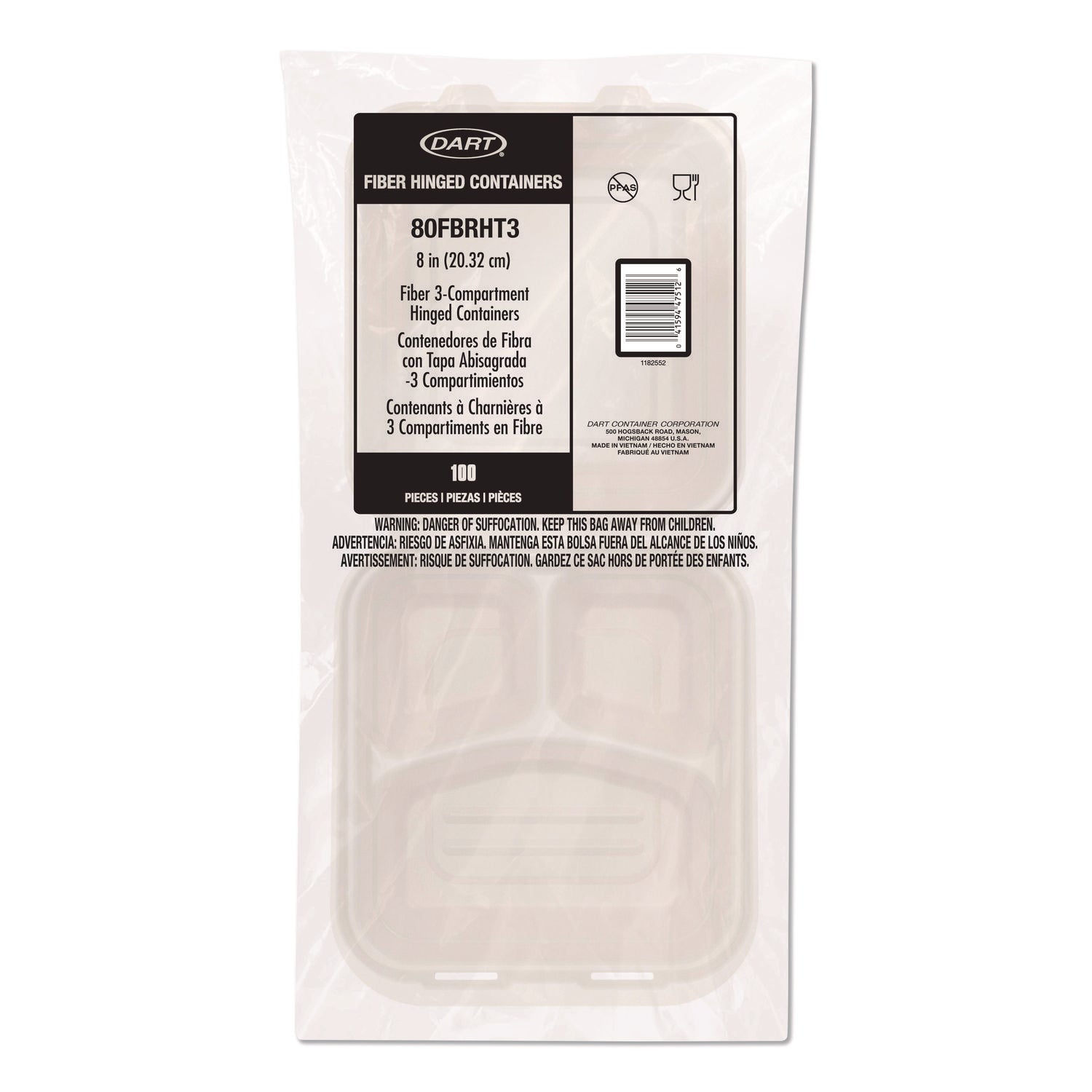 Dart® Compostable Molded Fiber Hinged Trays, ProPlanet Seal, 3 Compartments, 8.65 x 7.94 x 2.98, Natural, 200/Carton - Bloom Skins