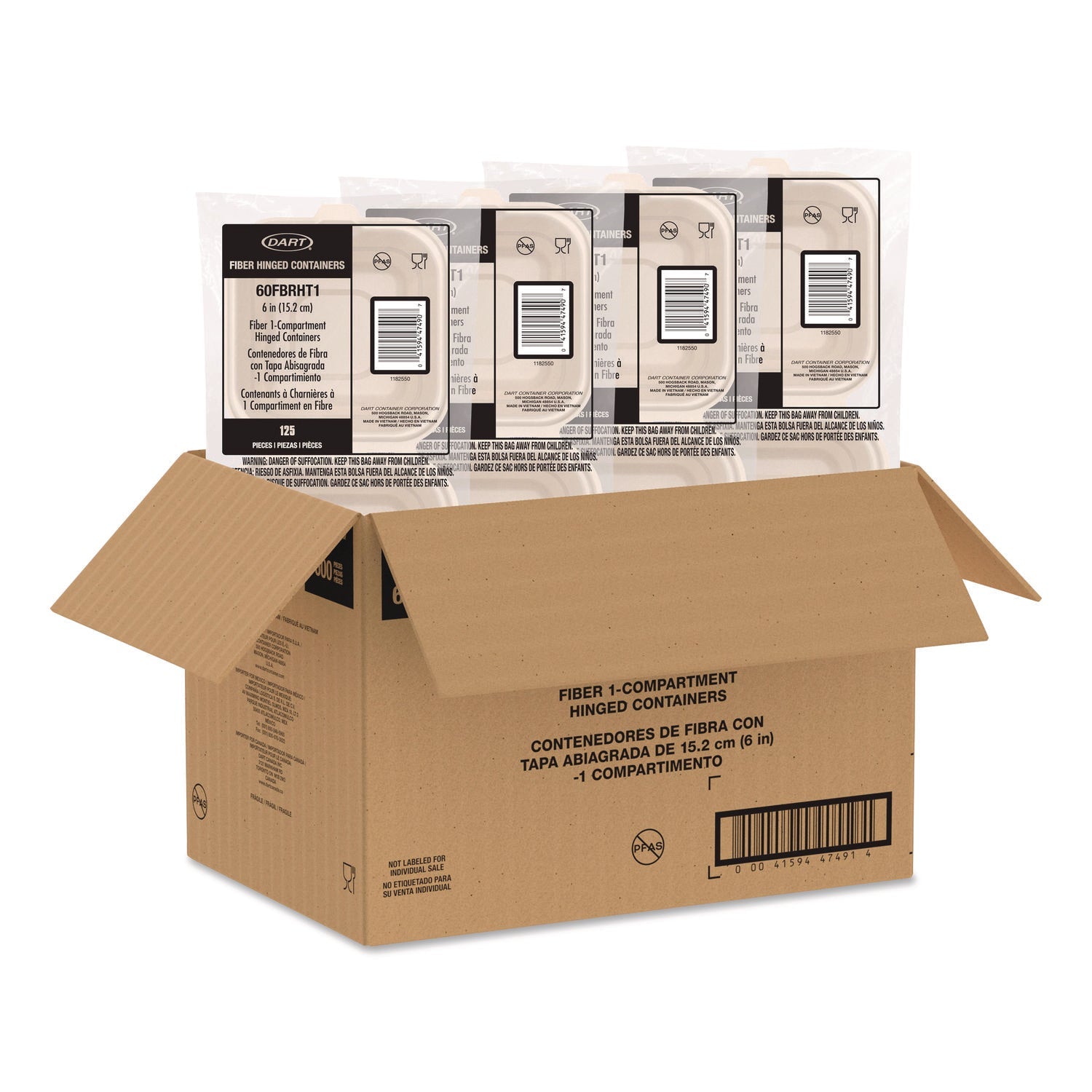 Dart® Compostable Molded Fiber Hinged Trays, ProPlanet Seal, 6.12 x 5.87 x 3.1, Natural, 500/Carton - Bloom Skins