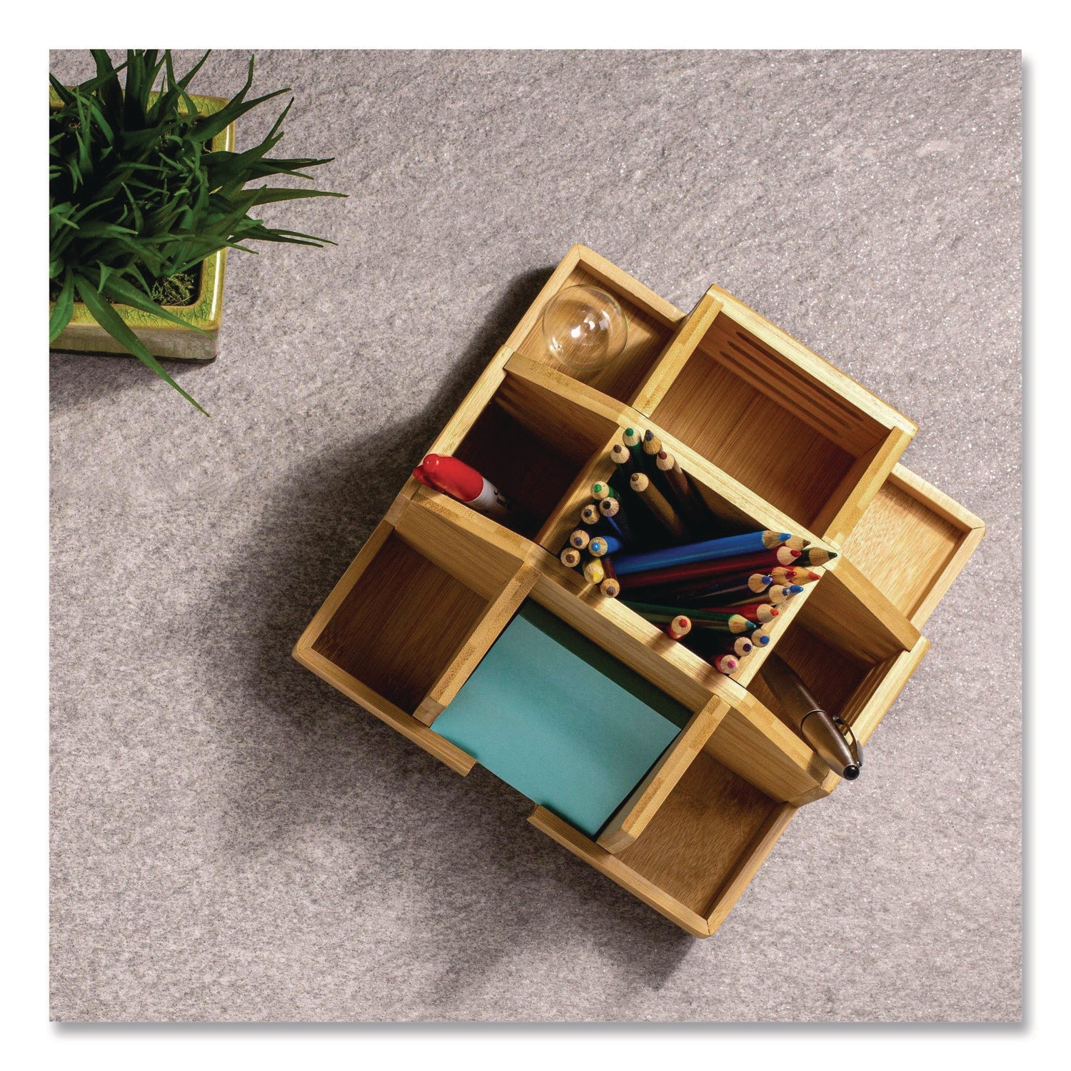 Officemate Bamboo Rotary Organizer, 9 Compartments, 8.85 x 8.82 x 7.4, Brown, Bamboo - Bloom Skins
