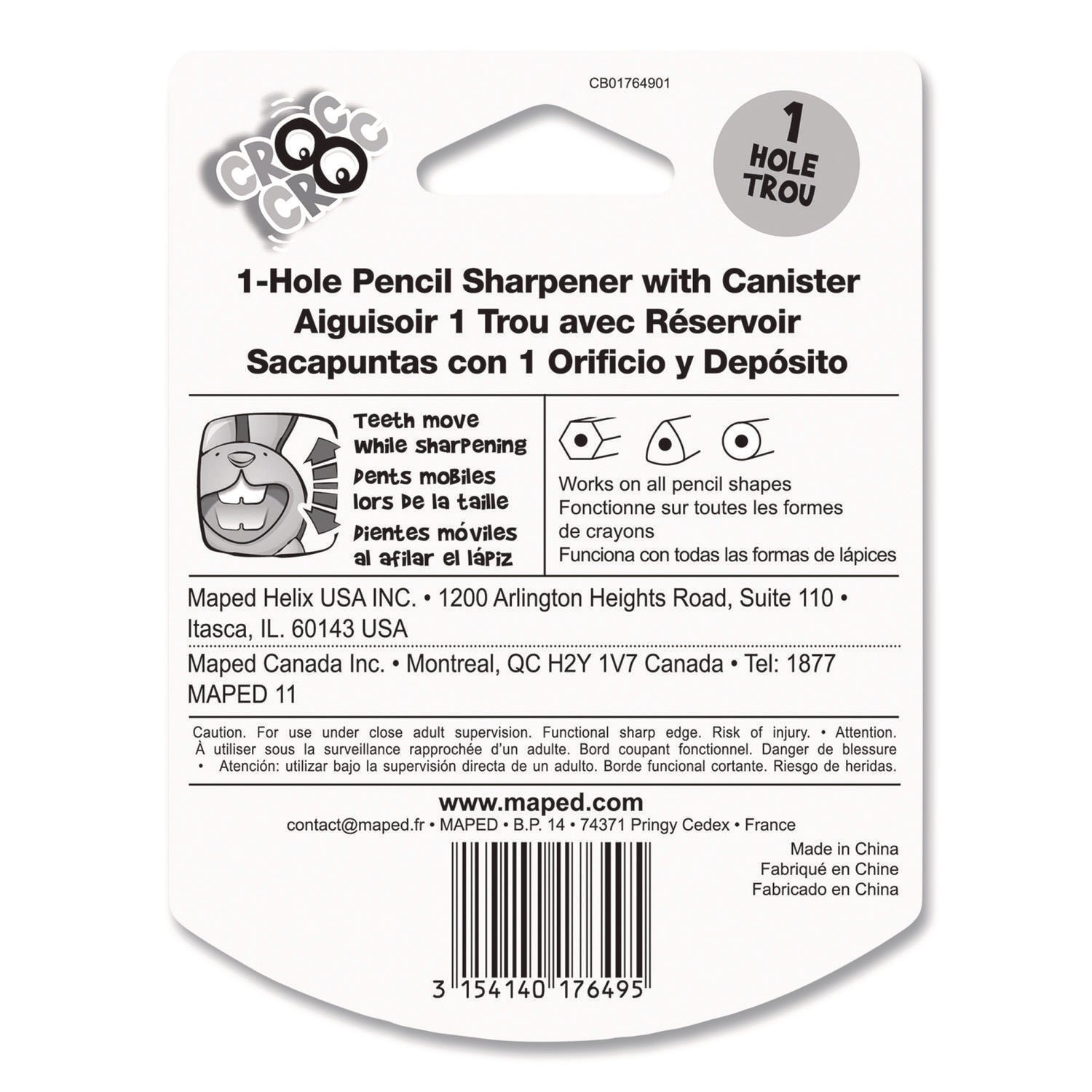 Maped Helix Croc Croc Chomp Rabbit 1-Hole Canister Pencil Sharpener, 3.74 x 1.8 x 4.92, Randomly Assorted Colors - Bloom Skins