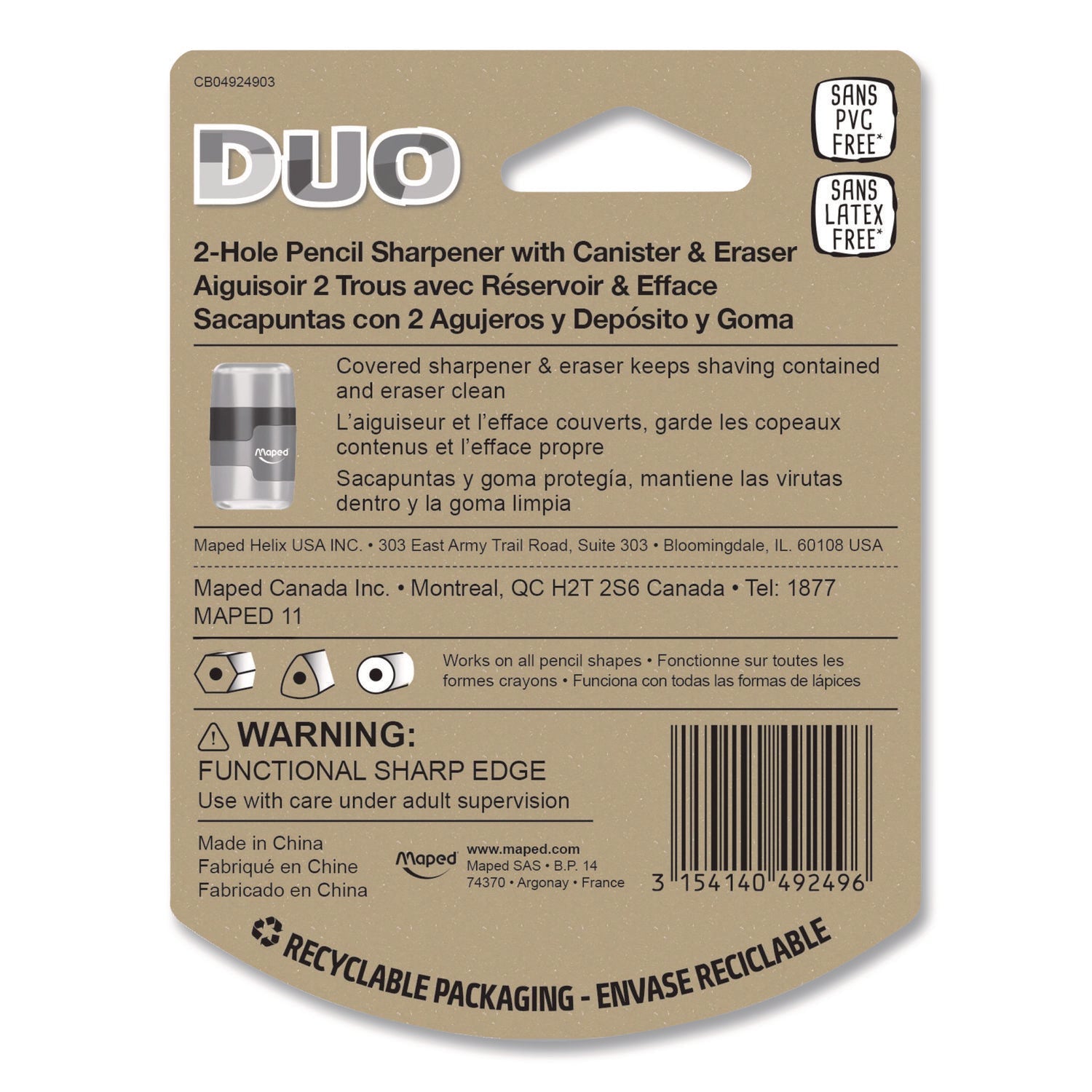 Maped Helix DUO 2-Hole Canister Pencil Sharpener/Eraser Combo, 3.74 x 1.08 x 4.92, Randomly Assorted Colors - Bloom Skins