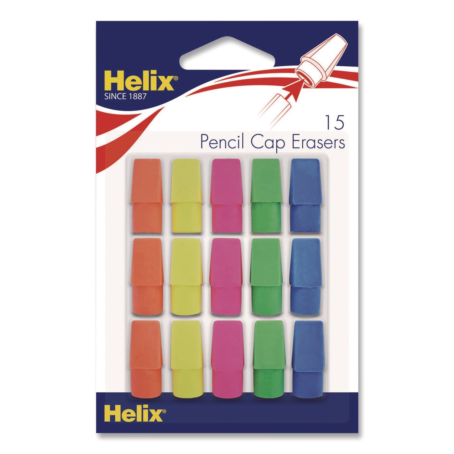 Maped Helix Classic Pencil Cap Erasers, For Pencil Marks, Assorted Colors, 15/Pack - Bloom Skins