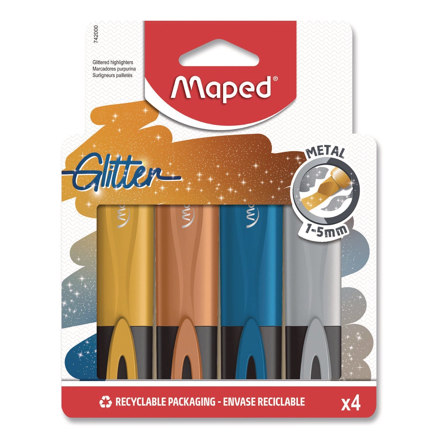 Maped Helix Fluo Peps Metallic Glitter Highlighter, Assorted Ink, Chisel Tip, Assorted Barrel, 4/Pack - Bloom Skins