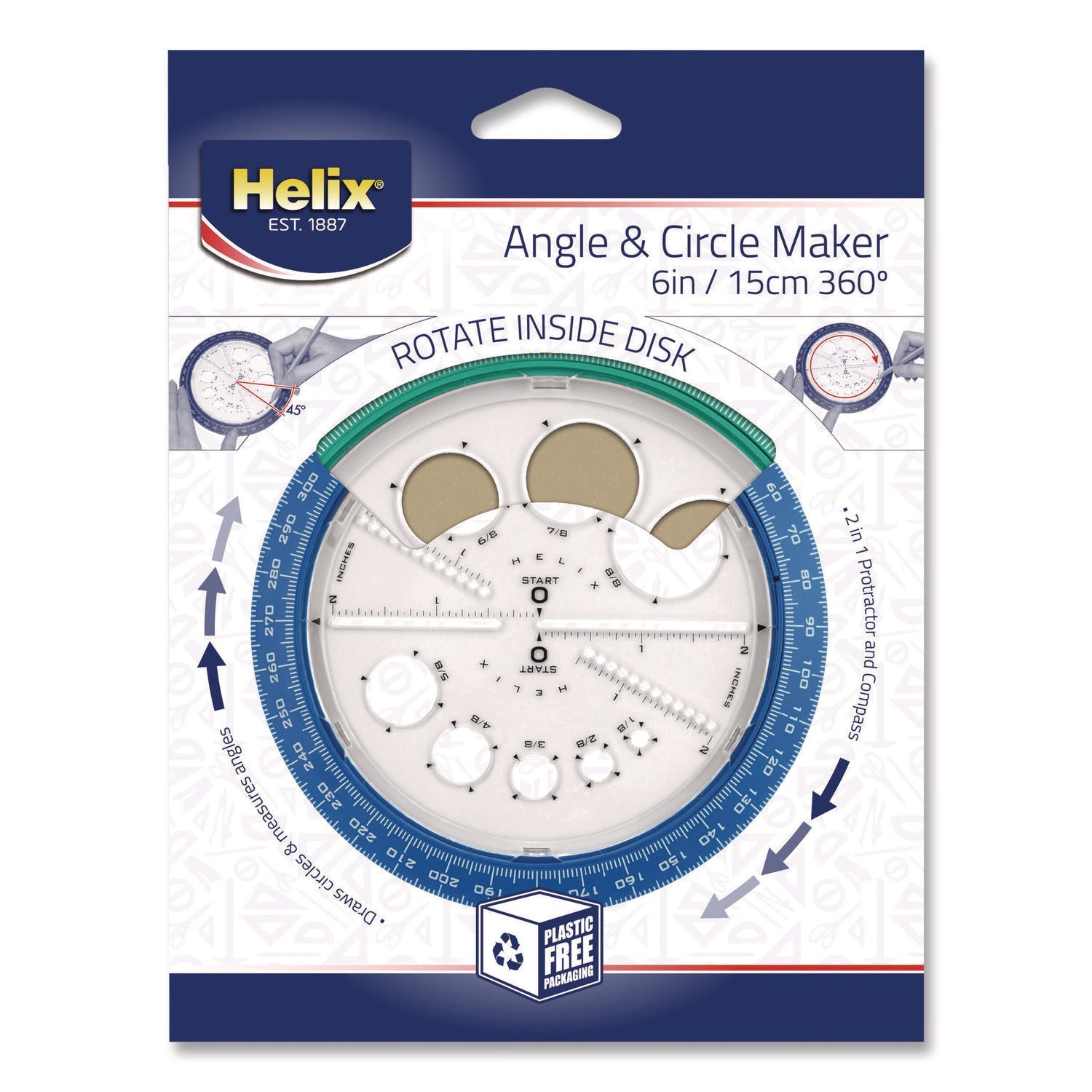 Maped Helix 360° Angle and Circle Maker 2-in-1 Protractor and Compass Tool, 2" Ruler Edge, Plastic, Randomly Assorted Color - Bloom Skins