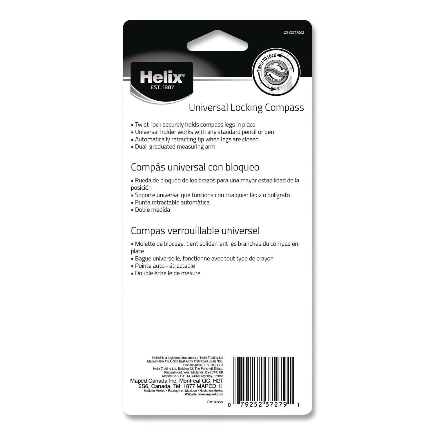 Maped Helix Universal Plastic Locking Compass, 12" Maximum Diameter, Randomly Assorted Colors - Bloom Skins