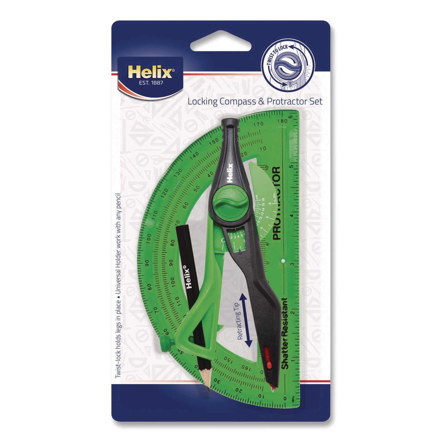 Maped Helix Locking Compass and Protractor Set, 12" Maximum Diameter, 6" Ruler Edge, Randomly Assorted Colors - Bloom Skins