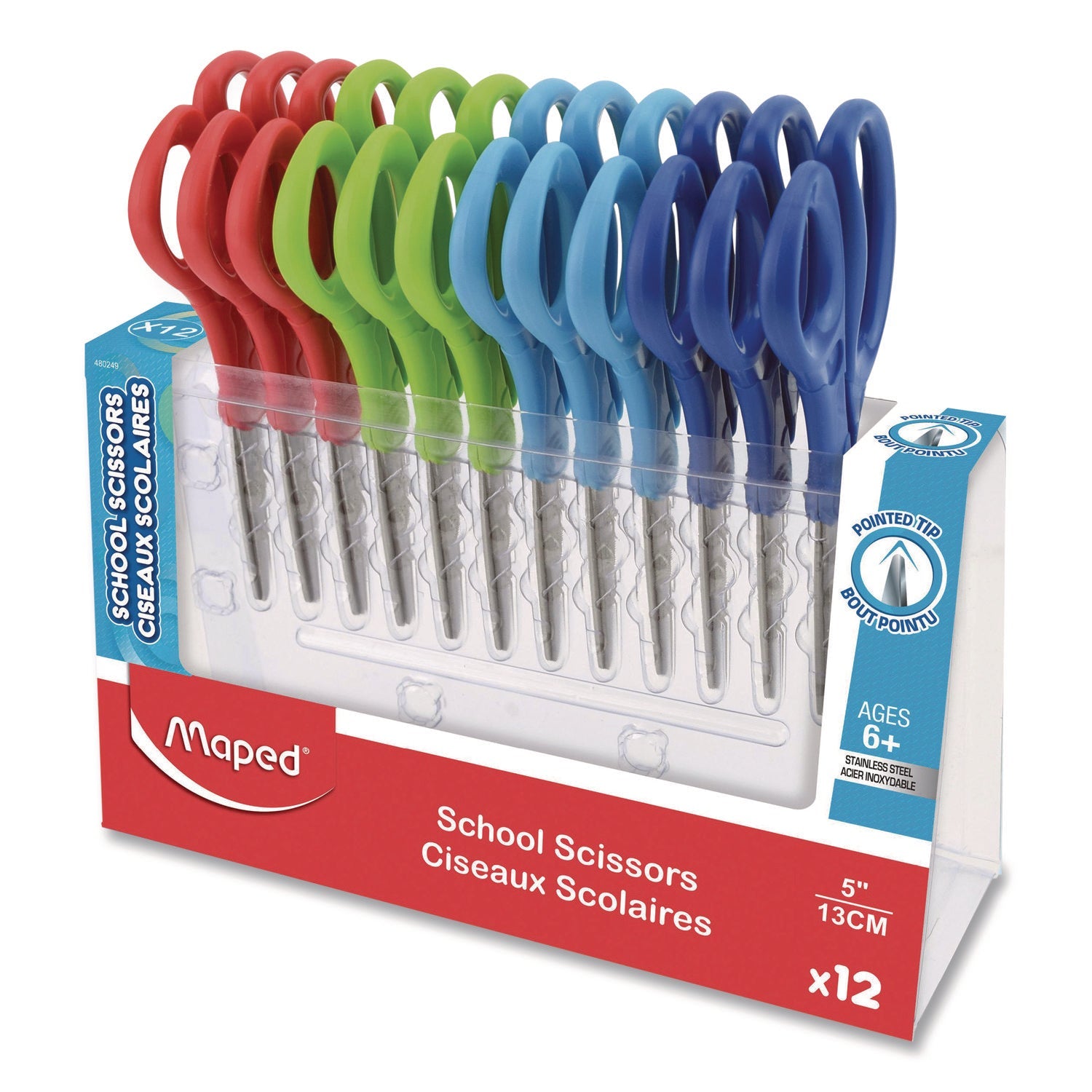 Maped Helix Essential Pointed School Scissors School Pack, Pointed Tip, 5.35" Long, 2" Cut Length, Straight Assorted Handle, 12/Pack - Bloom Skins