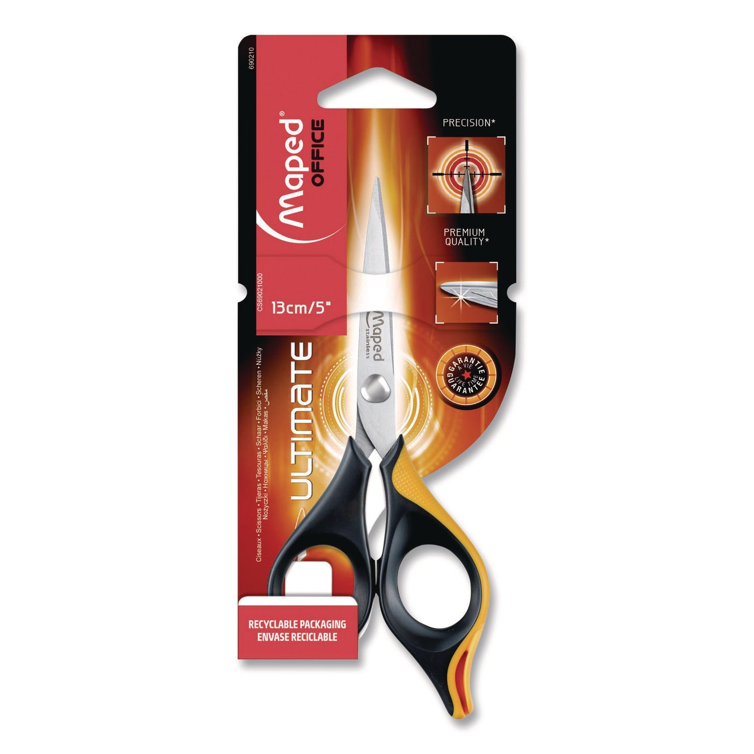 Maped Helix Ultimate Precision Soft Grip Multipurpose Scissors, 5.75" Long, 3" Cut Length, Straight Black/Orange Handle - Bloom Skins