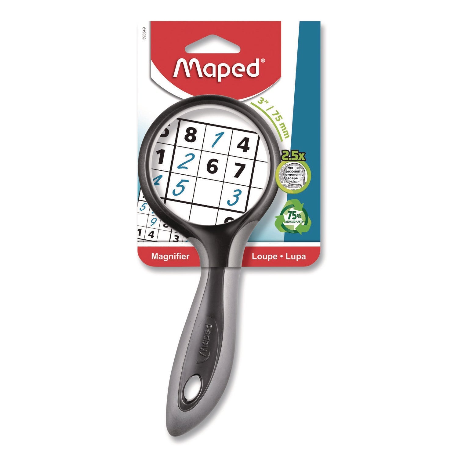 Maped Helix 2.5X Soft Touch Large Magnifying Glass, Plastic Lens, 3" dia, Randomly Assorted Color - Bloom Skins