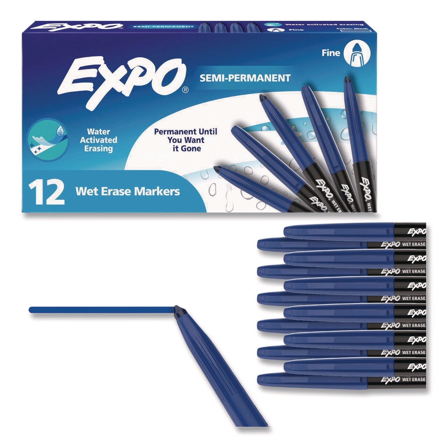 EXPO® Wet Erase Markers, Fine Needle Tip, Blue, 12/Pack - Bloom Skins