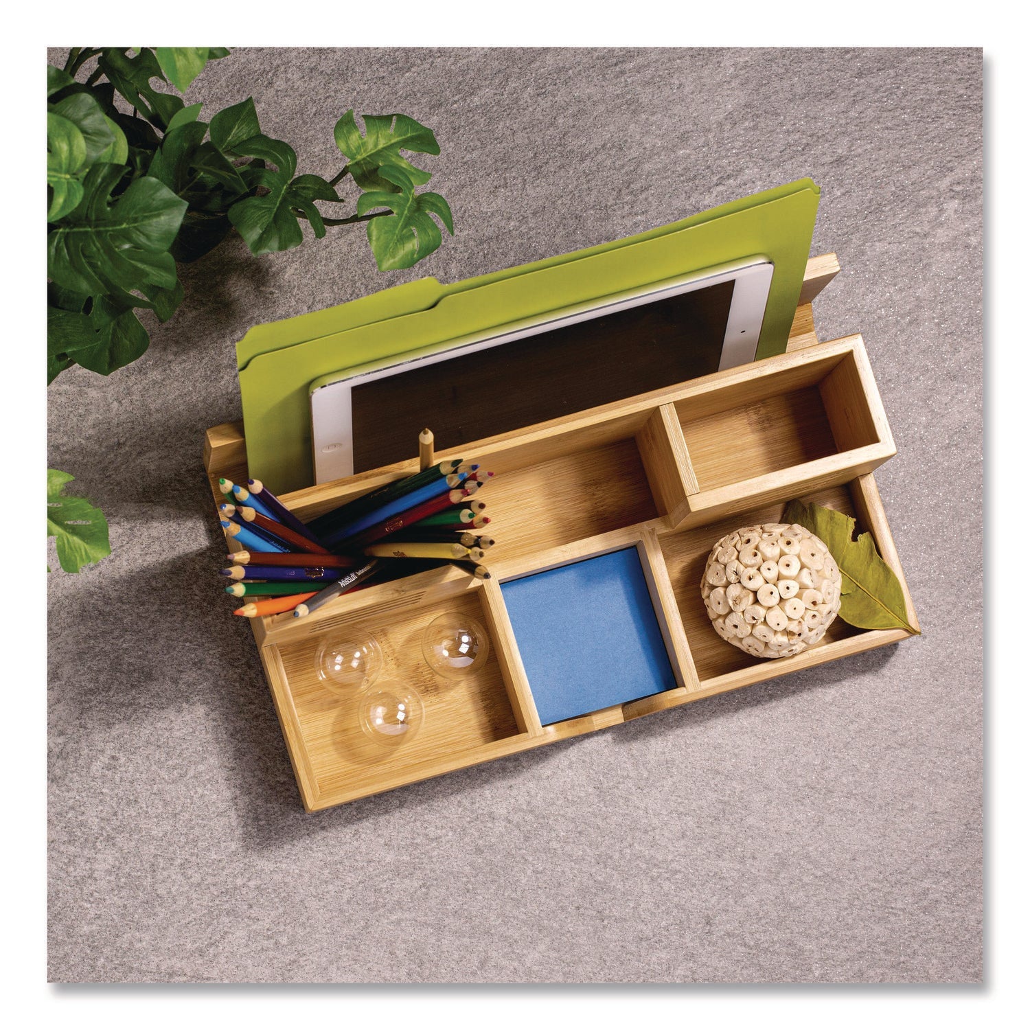 Officemate Bamboo Desk Organizer, 7 Compartments, 14.09 x 8.62 x 5.28, Natural Wood Grain, Bamboo - Bloom Skins