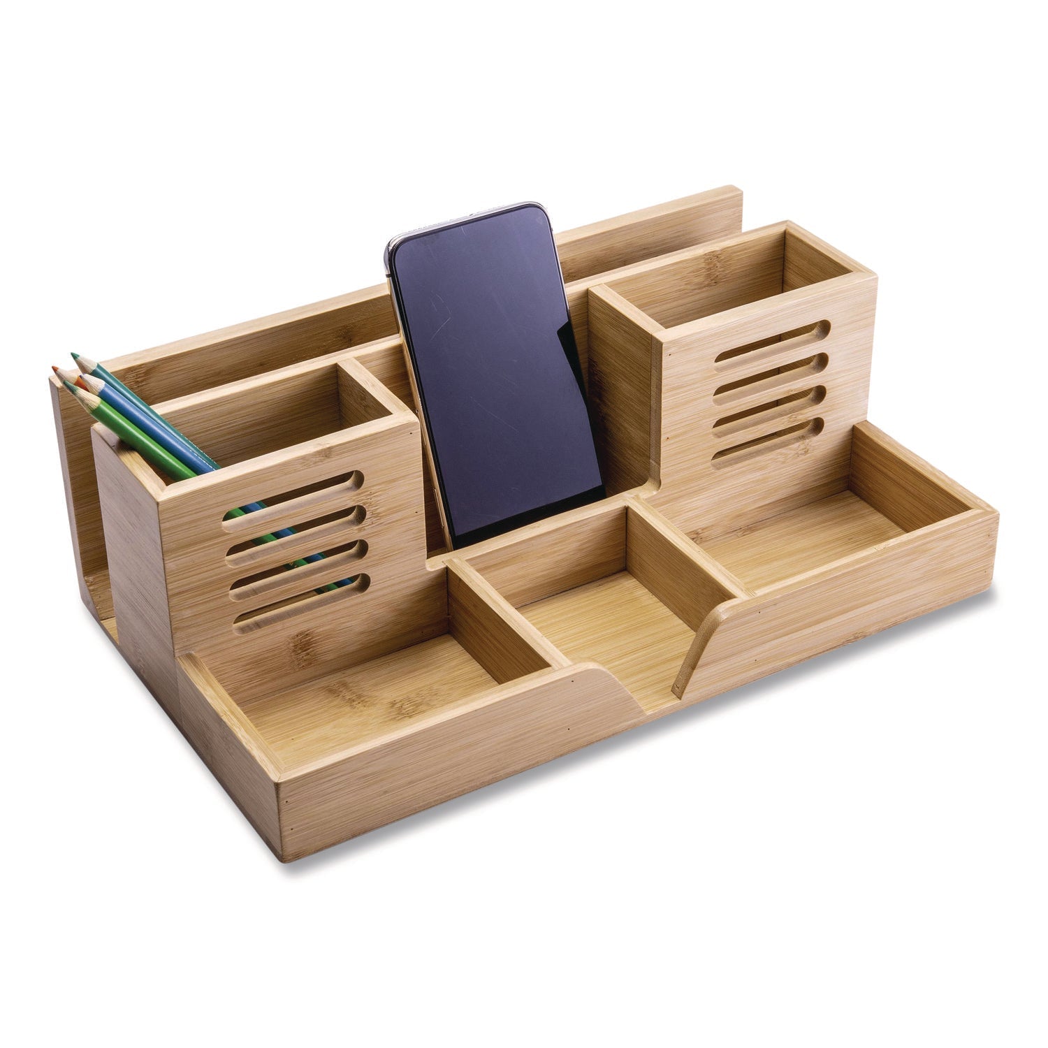 Officemate Bamboo Desk Organizer, 7 Compartments, 14.09 x 8.62 x 5.28, Natural Wood Grain, Bamboo - Bloom Skins
