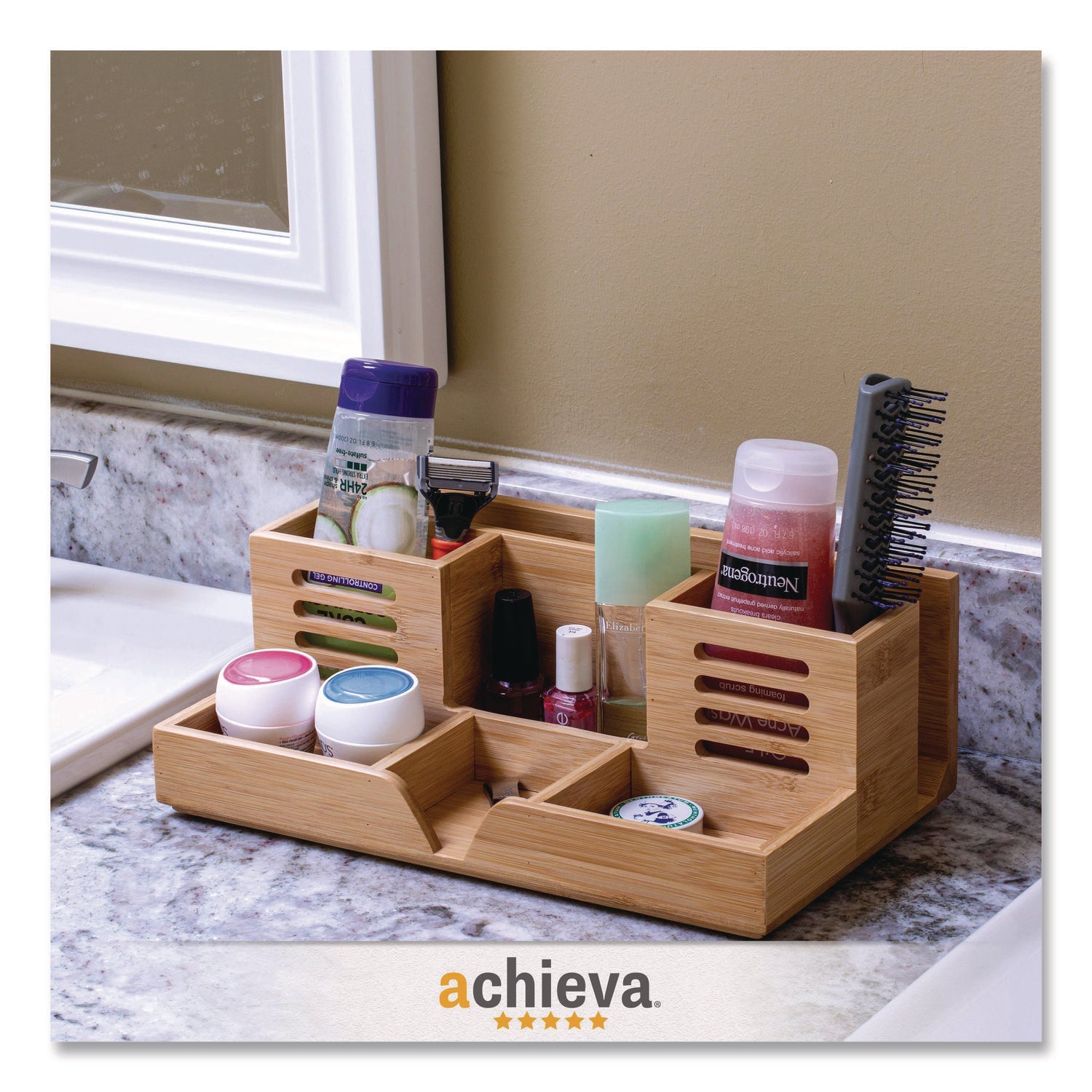 Officemate Bamboo Desk Organizer, 7 Compartments, 14.09 x 8.62 x 5.28, Natural Wood Grain, Bamboo - Bloom Skins