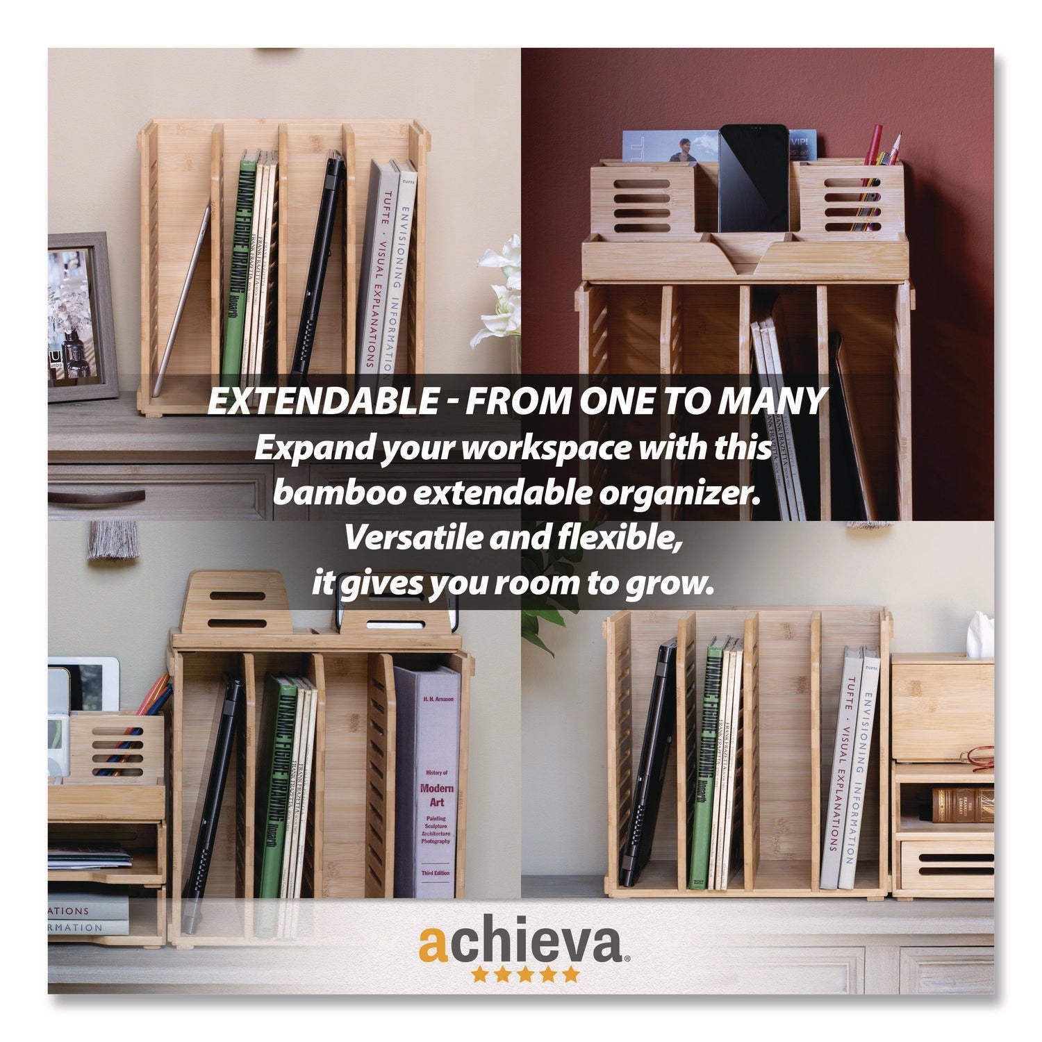 Officemate Bamboo Desk Organizer, 7 Compartments, 14.09 x 8.62 x 5.28, Natural Wood Grain, Bamboo - Bloom Skins