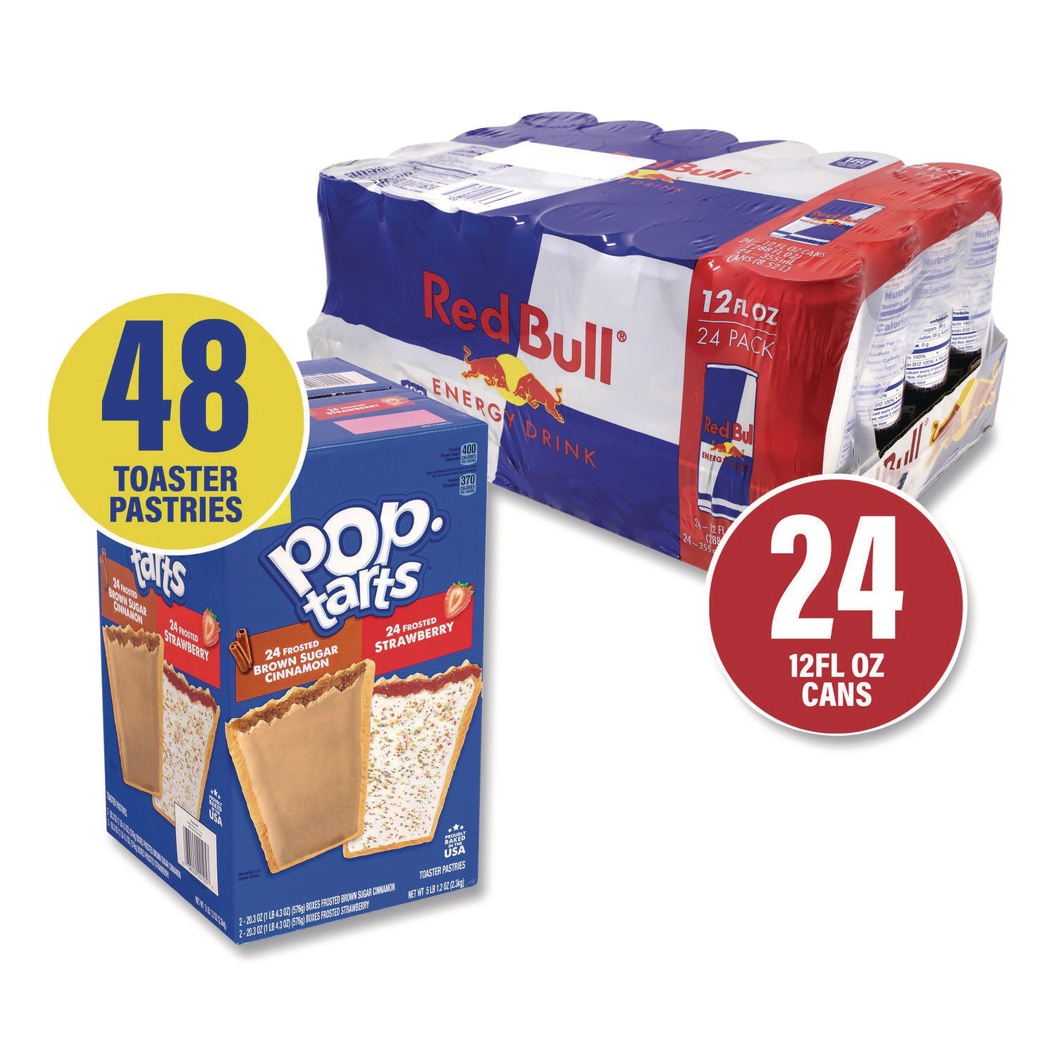 Snack Box Pros Red Bull Energy Drink and Pop Tart Combo Pack,(24) 12oz Cans,(24) Frosted Strawberry/(24) Frosted Brown Sugar Cinnamon/Bundle - Bloom Skins