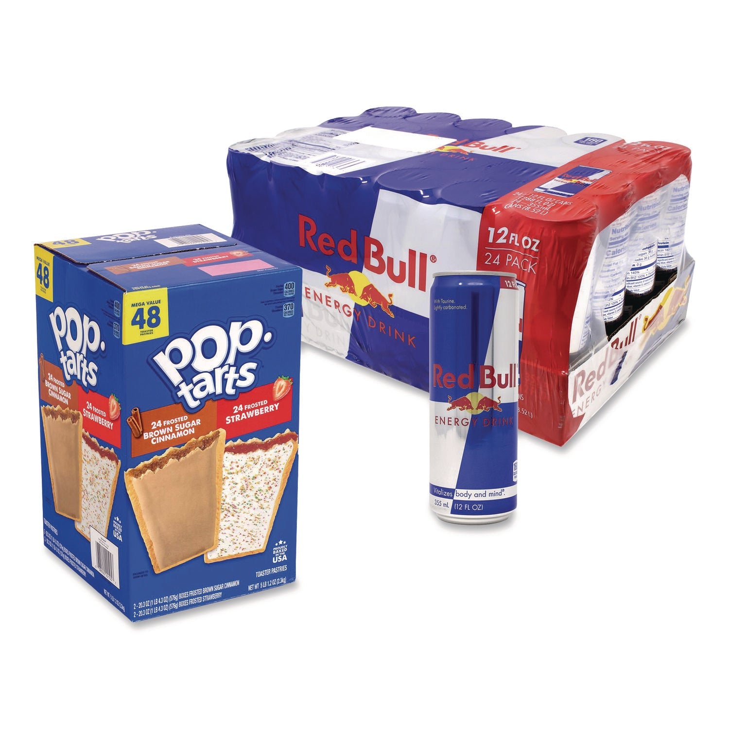Snack Box Pros Red Bull Energy Drink and Pop Tart Combo Pack,(24) 12oz Cans,(24) Frosted Strawberry/(24) Frosted Brown Sugar Cinnamon/Bundle - Bloom Skins