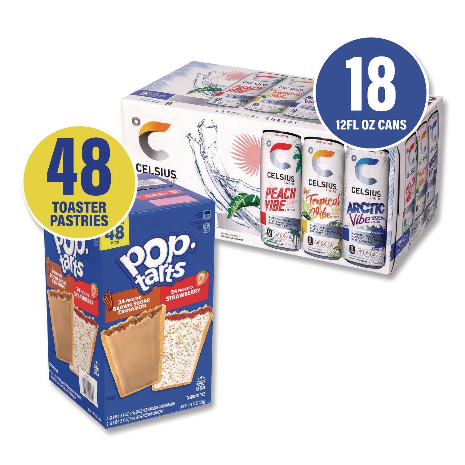 Kellogg's® Celcius Vibe and Pop Tarts Variety Combo Pack,(18) 12oz Cans,(24) Frosted Strawberry/(24) Frosted Brown Sugar Cinnamon/Bundle