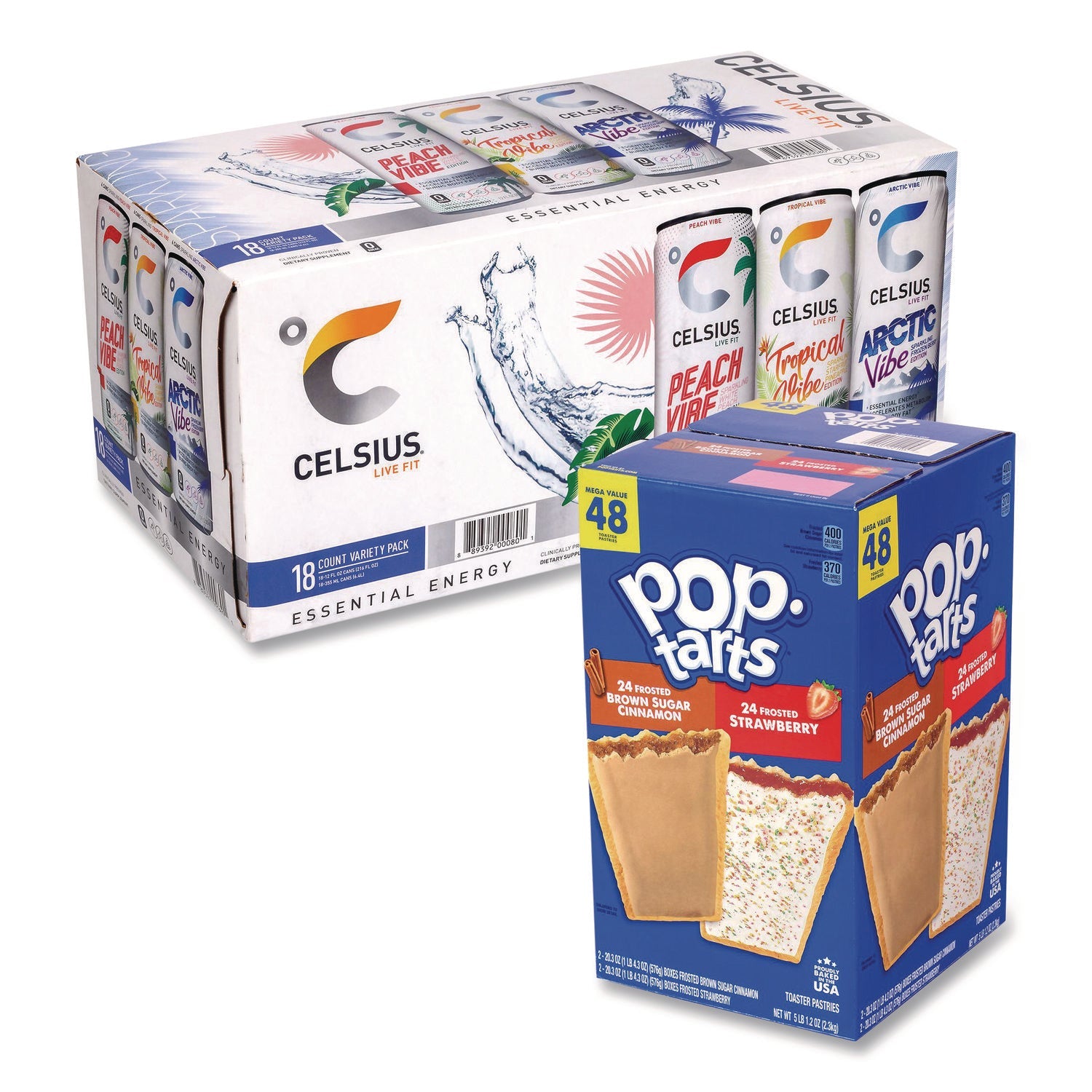 Kellogg's® Celcius Vibe and Pop Tarts Variety Combo Pack,(18) 12oz Cans,(24) Frosted Strawberry/(24) Frosted Brown Sugar Cinnamon/Bundle