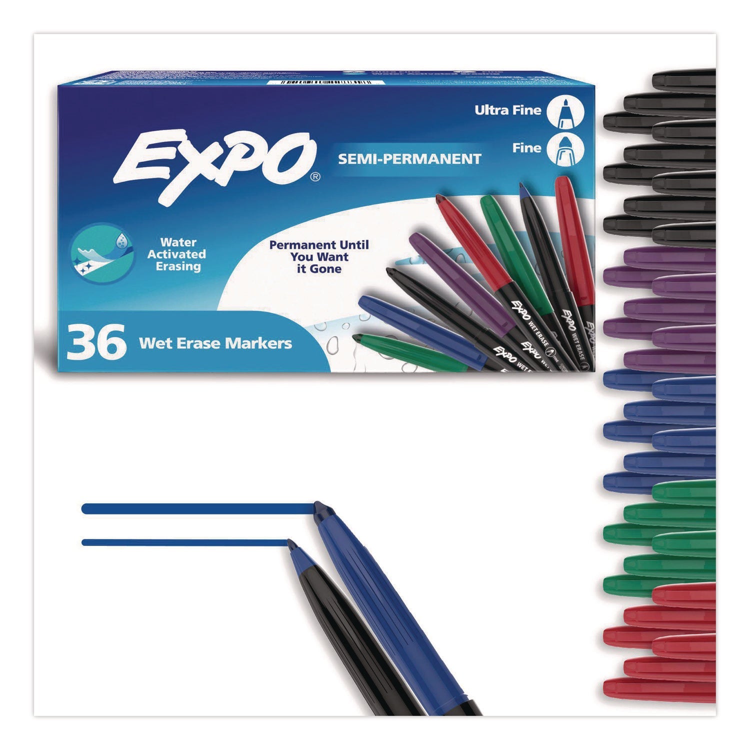 EXPO® Wet Erase Markers, Fine; Ultra Fine Tip, Assorted Colors, 36/Box - Bloom Skins