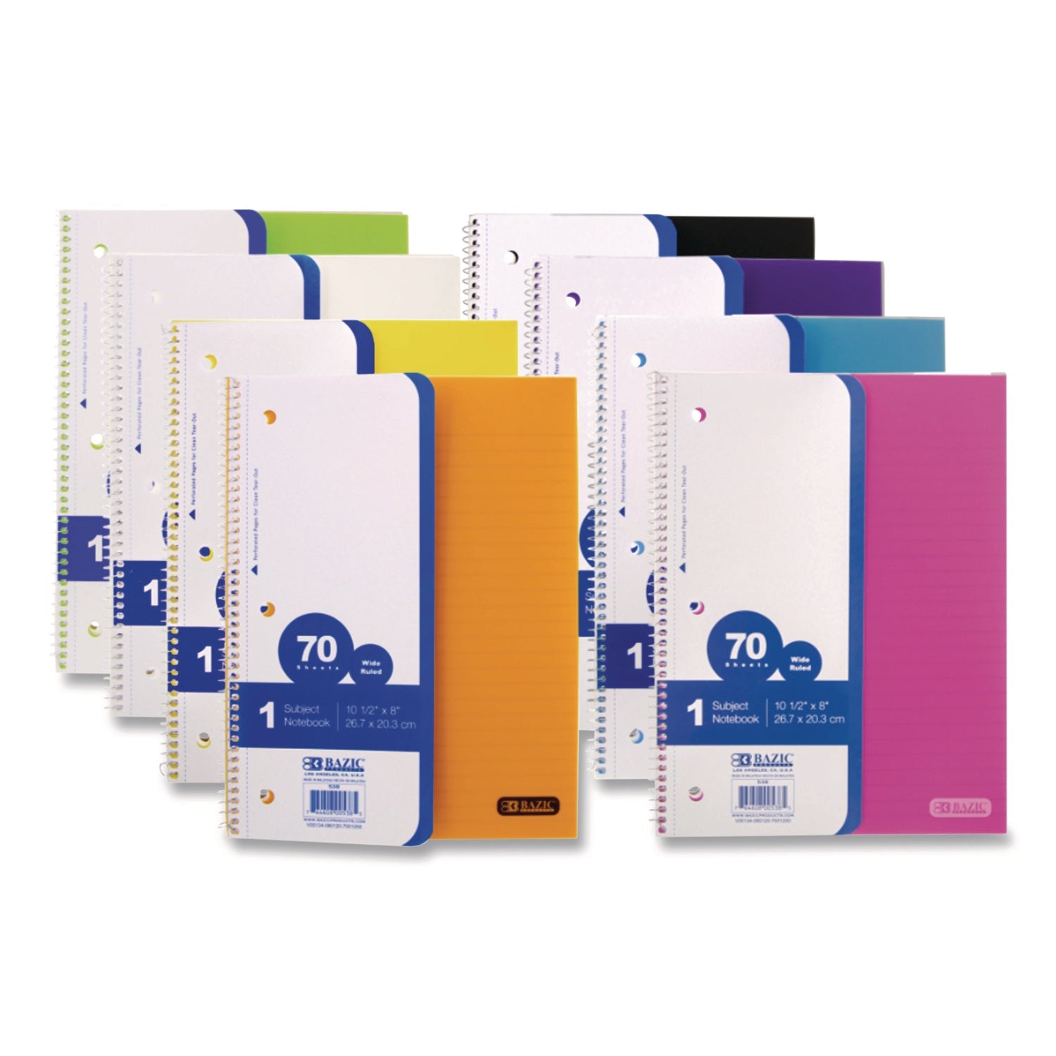 BAZIC® Products Spiral Notebooks, 1-Subject, Wide/Legal Rule, Randomly Assorted Cover Color, (70) 10.5 x 8 Sheets