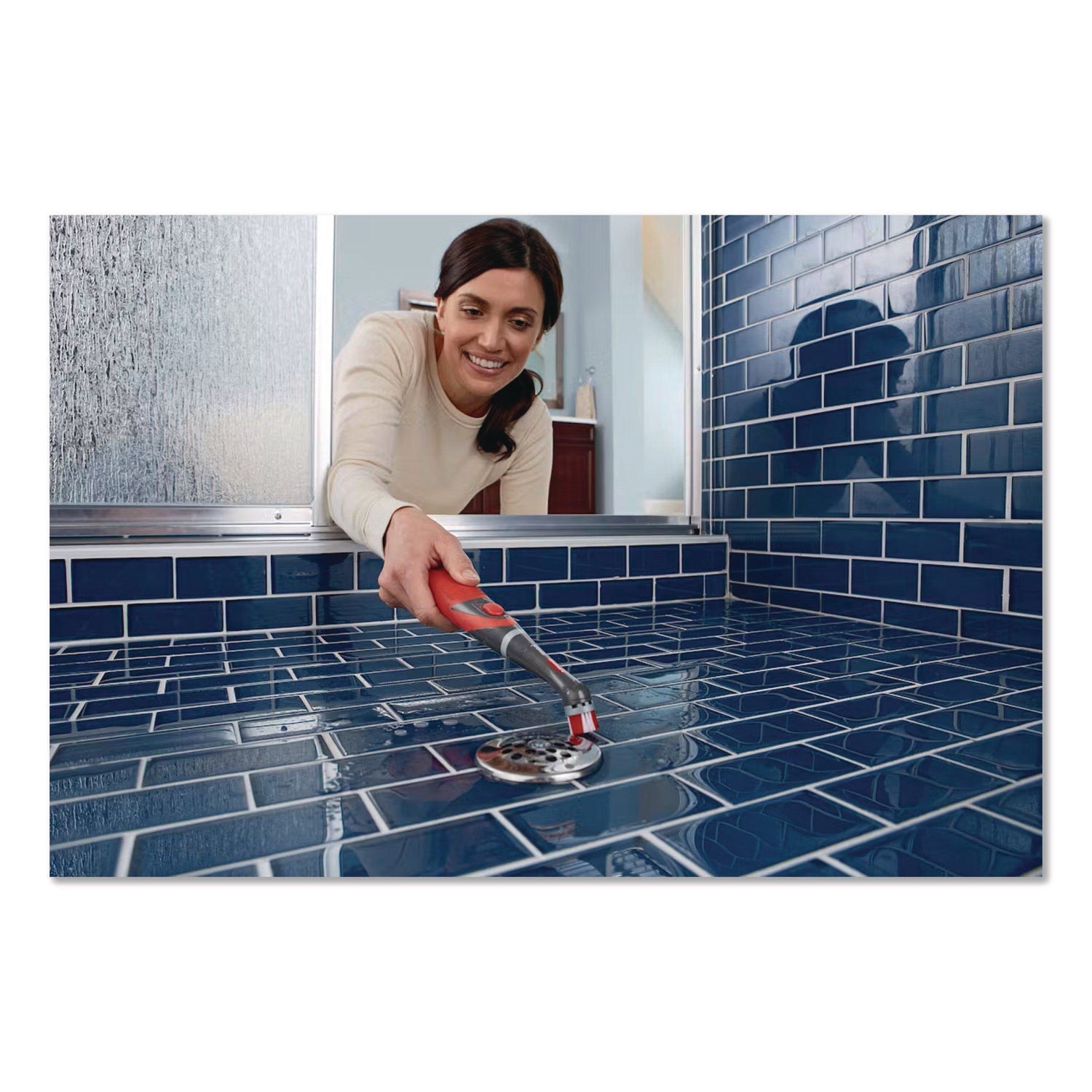 Rubbermaid® Reveal Power Scrubber, Red/White Nylon Bristles, 1.73" Brush, Red Plastic Handle - Bloom Skins