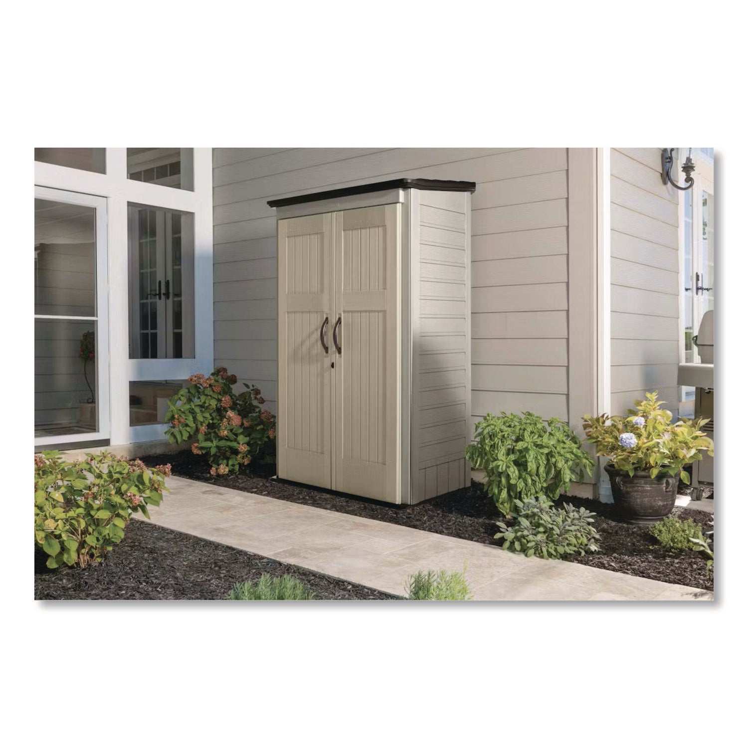 Rubbermaid® Vertical Storage Shed, 53 cu ft, 2.5 ft x 4 ft x 7 ft, Sandstone/Faint Maple - Bloom Skins