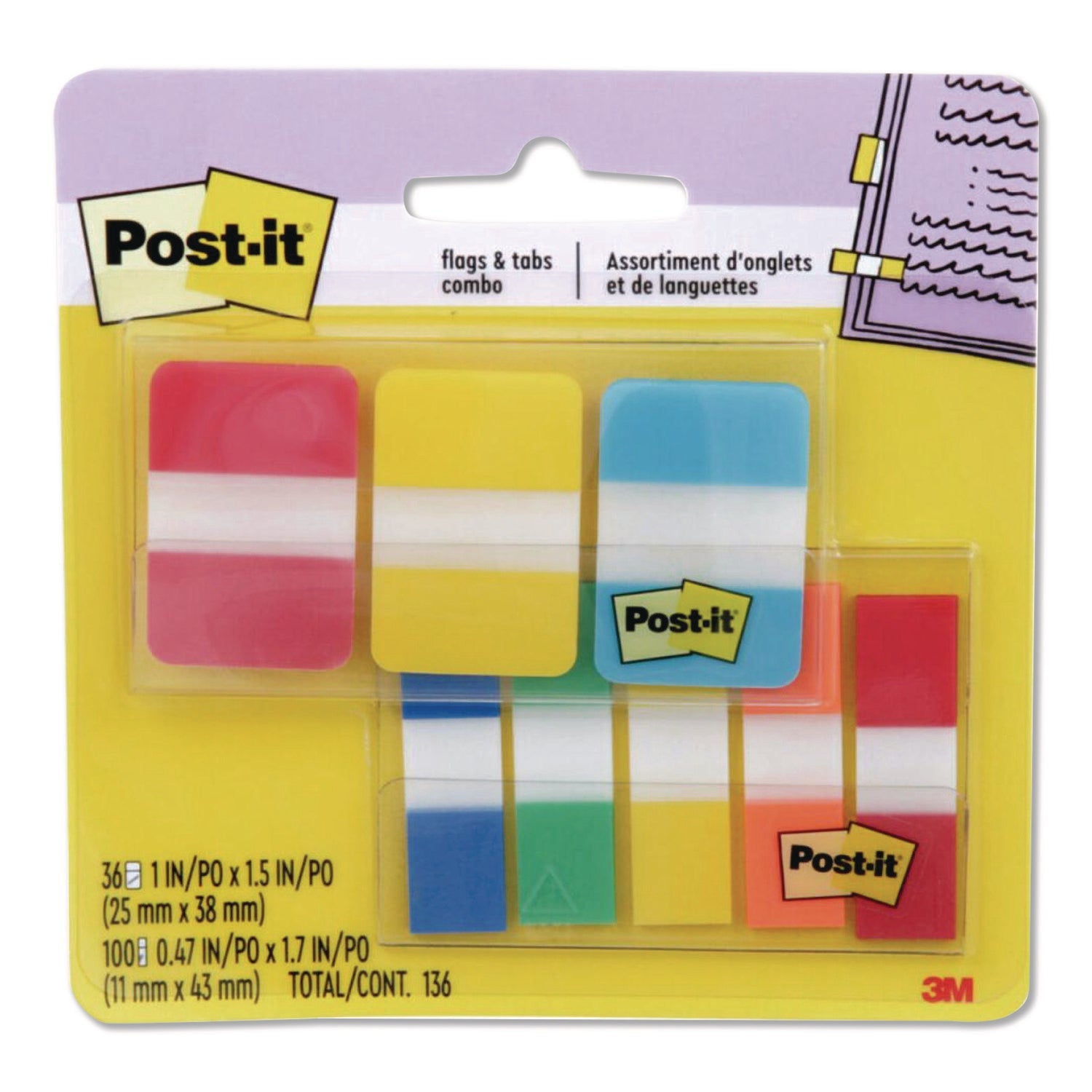 Post-it® Tabs Tabs and Flags Combo Pack, 100 0.47" Flags, 36 1" Tabs, Assorted Colors