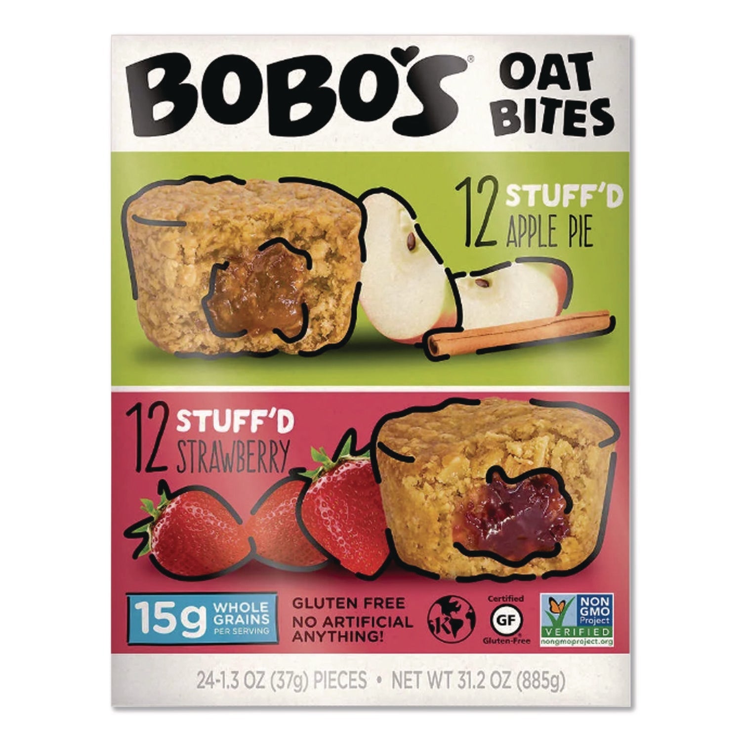 Bobo's Stuff'D Apple Pie/Strawberry Oat Bites, 1.3 oz Individually Wrapped, 24/Carton - Bloom Skins