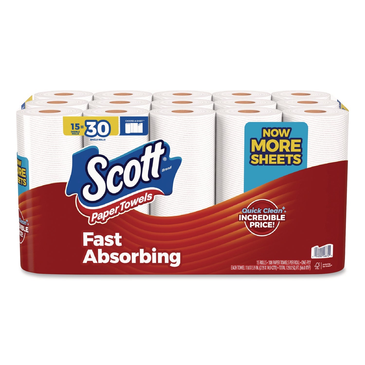 Scott® Choose-A-Sheet Mega Kitchen Roll Paper Towels, 1-Ply, 7.31 x 11, White, 108 Sheets/Roll, 15 Rolls/Pack, 2 Packs/Carton