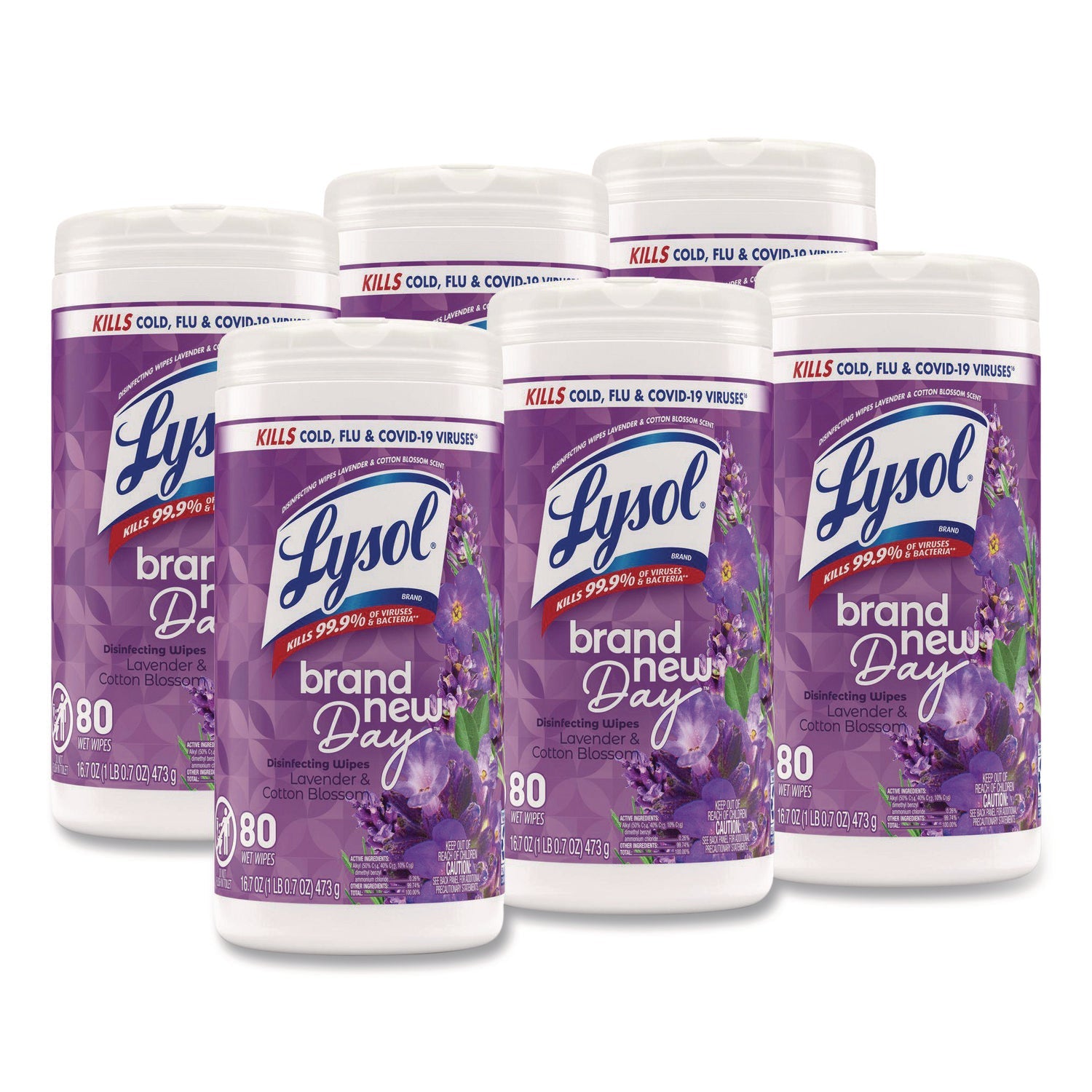 LYSOL® Brand Disinfecting Wipes, 1-Ply, 7 x 7.25, Lavender and Cotton Blossom, White, 80 Wipes/Canister, 6 Canisters/Carton - Bloom Skins
