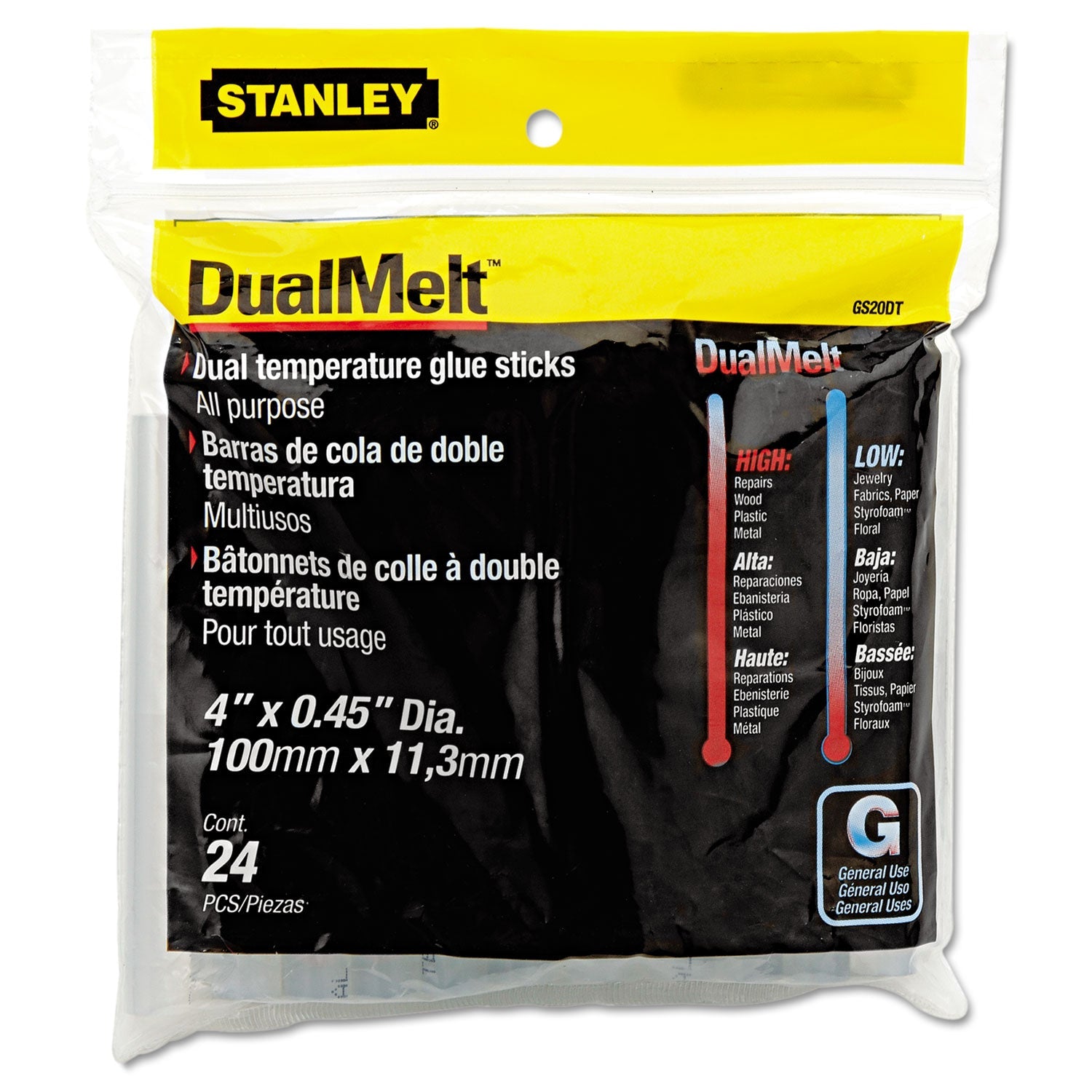 Stanley® Dual Temperature Glue Sticks, 0.45" X 4", Dries Clear, 24/pack