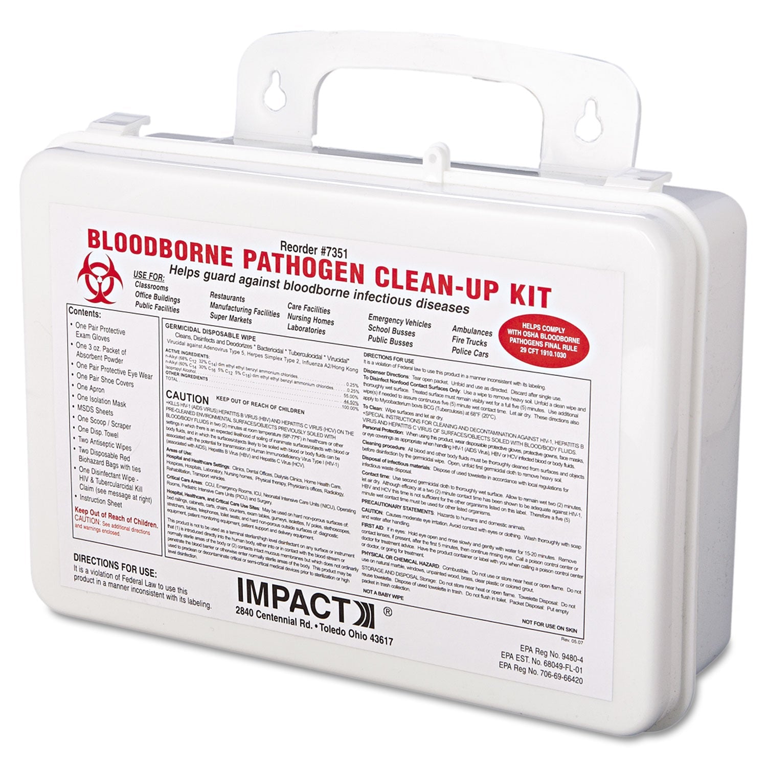 Impact® Bloodborne Pathogen Cleanup Kit, 10 x 7 x 2.5, OSHA Compliant, Plastic Case