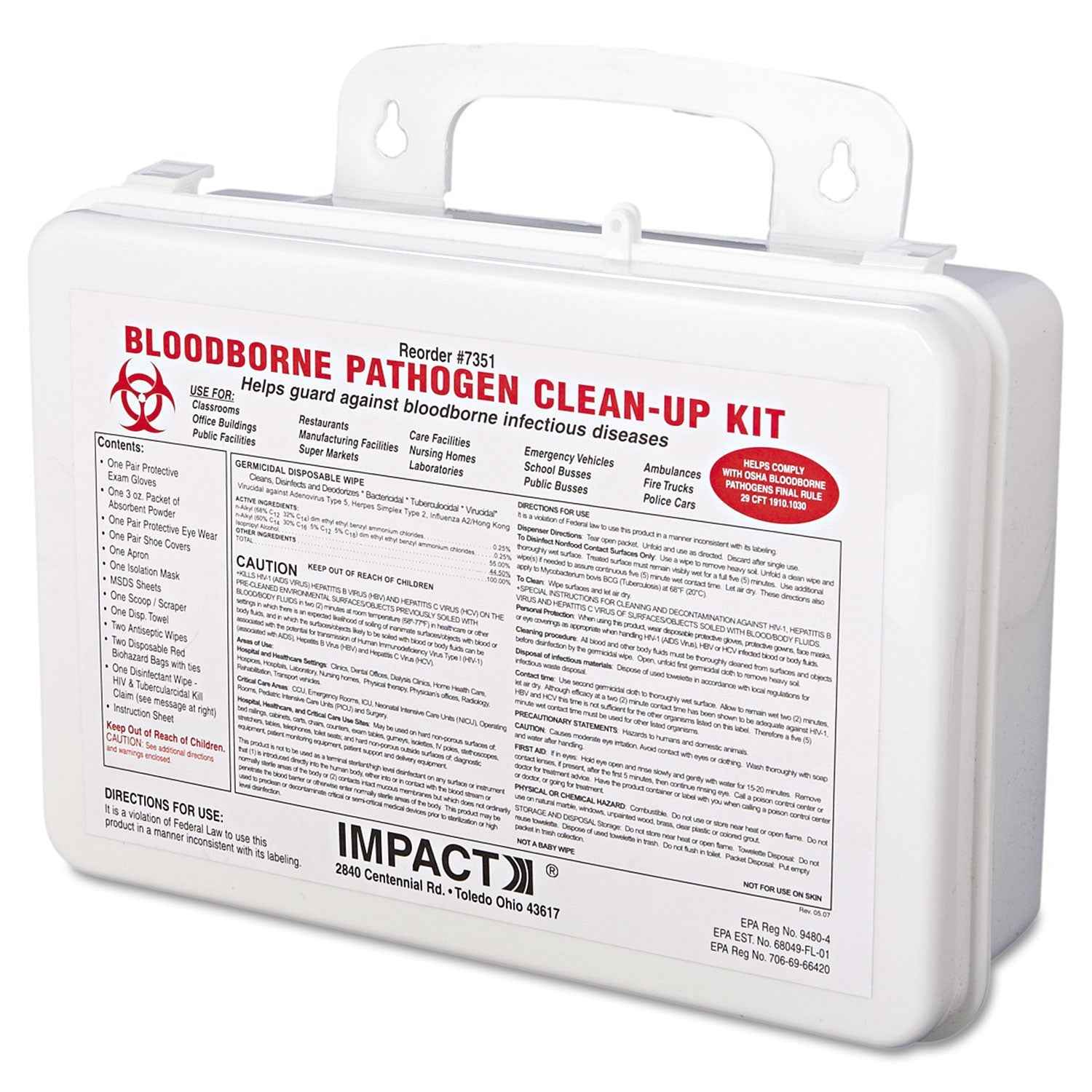 Impact® Bloodborne Pathogen Cleanup Kit, 10 x 7 x 2.5, OSHA Compliant, Plastic Case