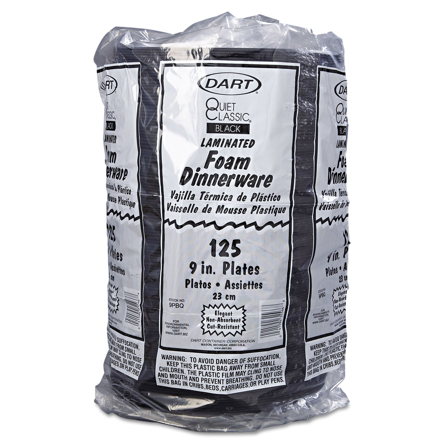 Dart® Quiet Classic Laminated Foam Dinnerware, Plate, 9" Dia, Black, 125/pack, 4 Packs/carton