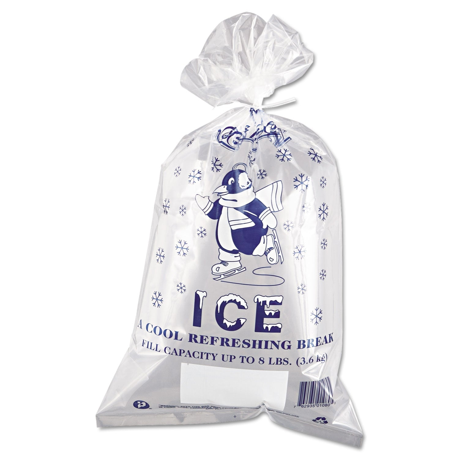 Inteplast Group Ice Bags with Twist-Ties, Ice: Penguin Icon Labeling, 8 lb Capacity, 11" x 20", Clear, 1,000/Carton