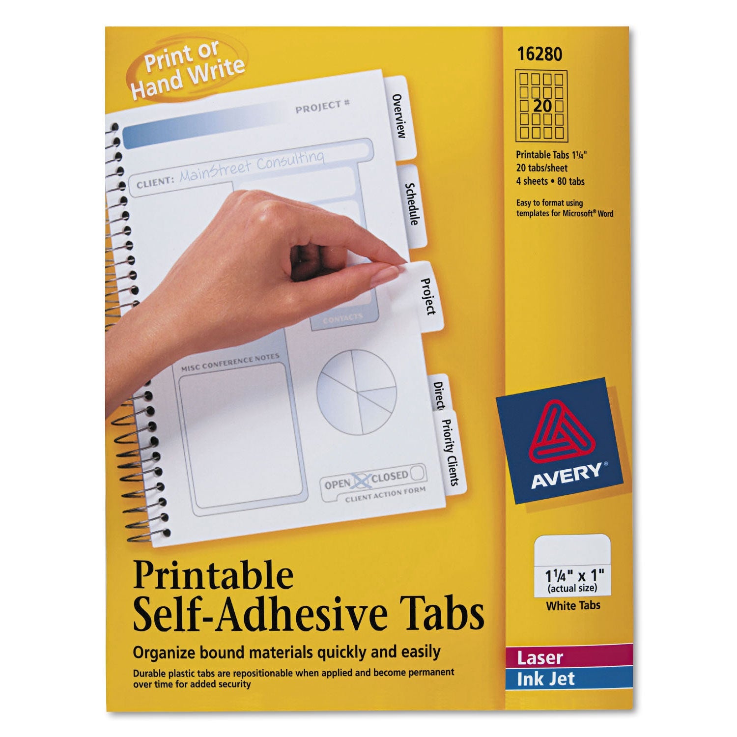Avery® Printable Plastic Tabs with Repositionable Adhesive, 1/5-Cut, White, 1.25" Wide, 96/Pack