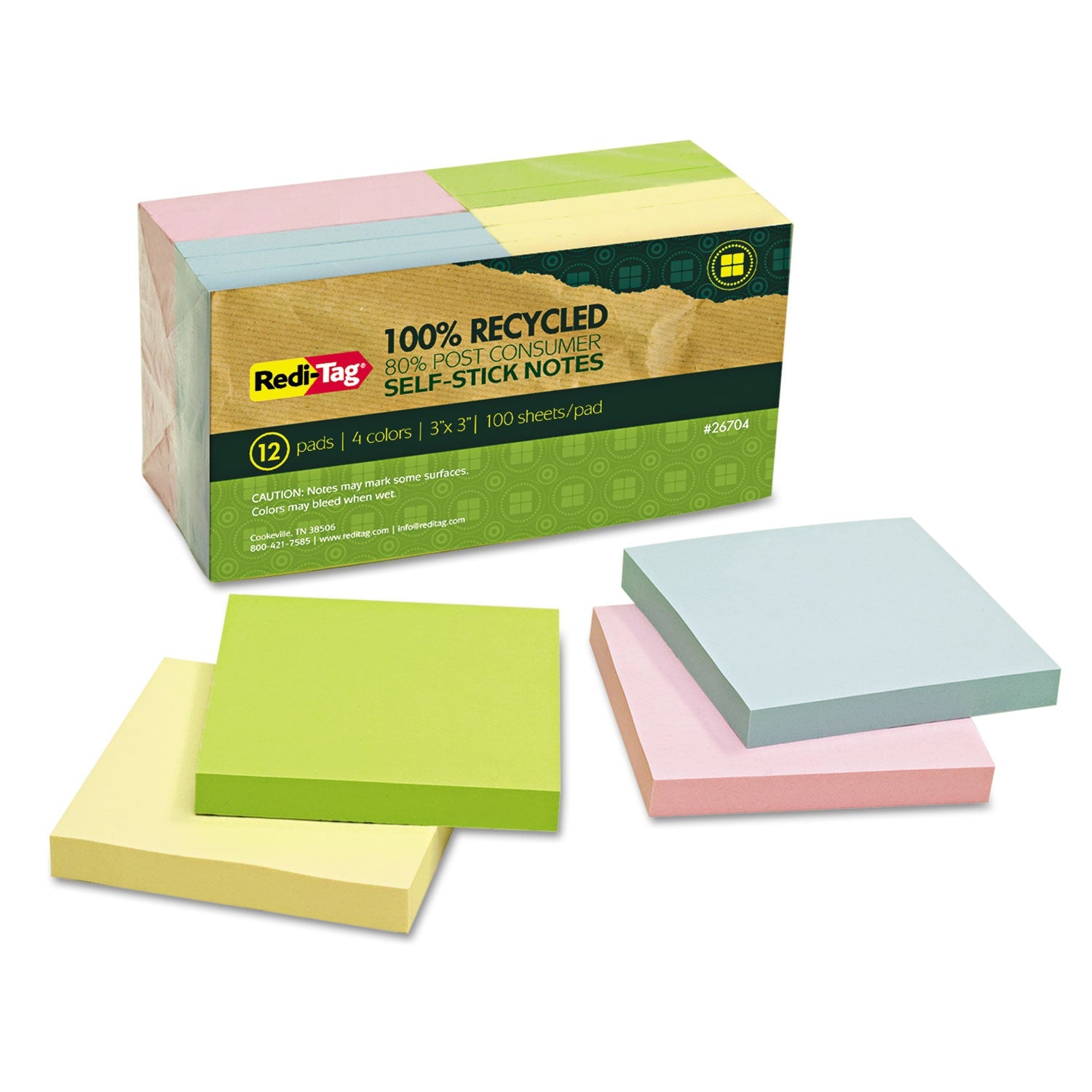 Redi-Tag® 100% Recycled Self-Stick Notes, 3" x 3", Assorted Pastel Colors, 100 Sheets/Pad, 12 Pads/Pack