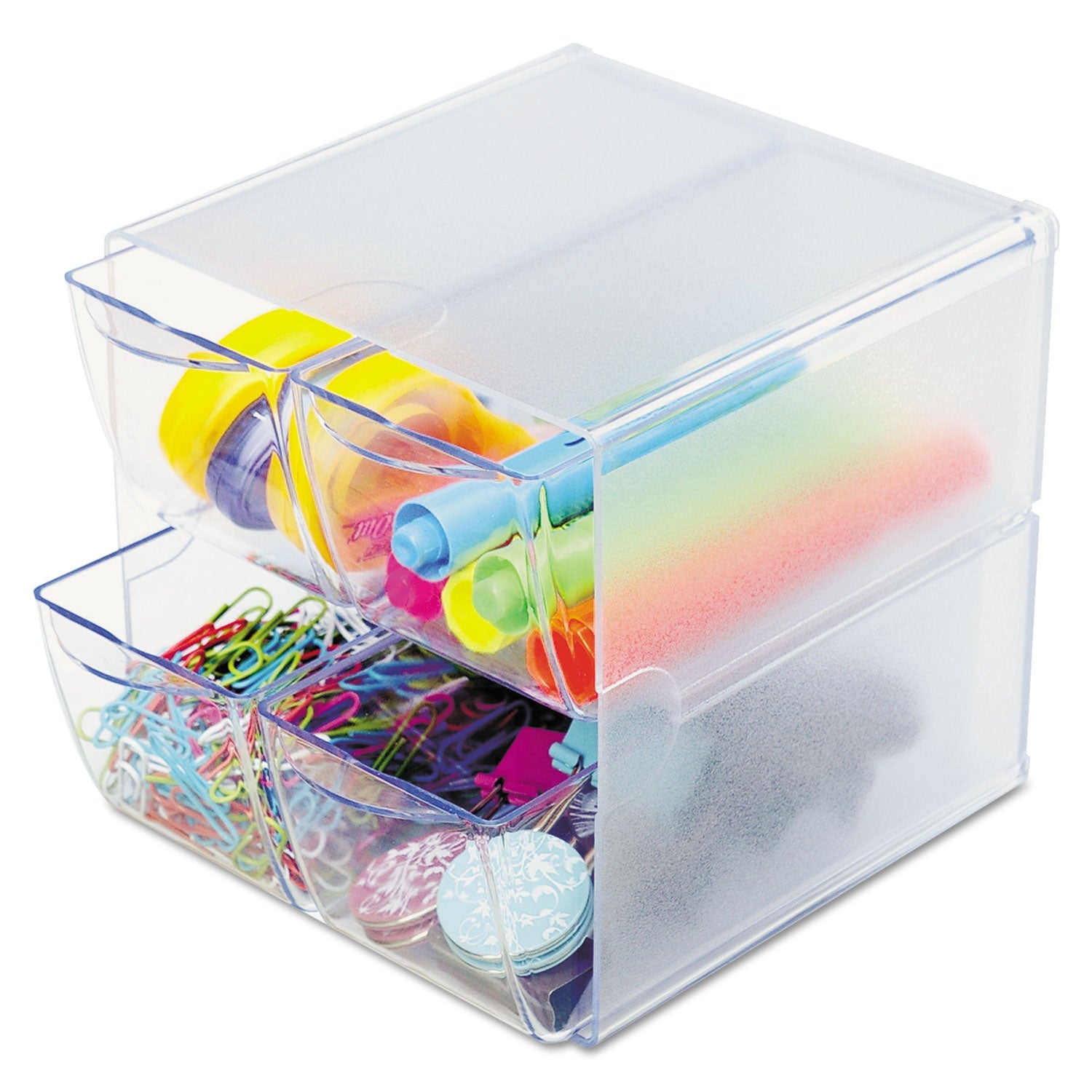 deflecto® Stackable Cube Organizer, 4 Compartments, 4 Drawers, Plastic, 6 x 7.2 x 6, Clear