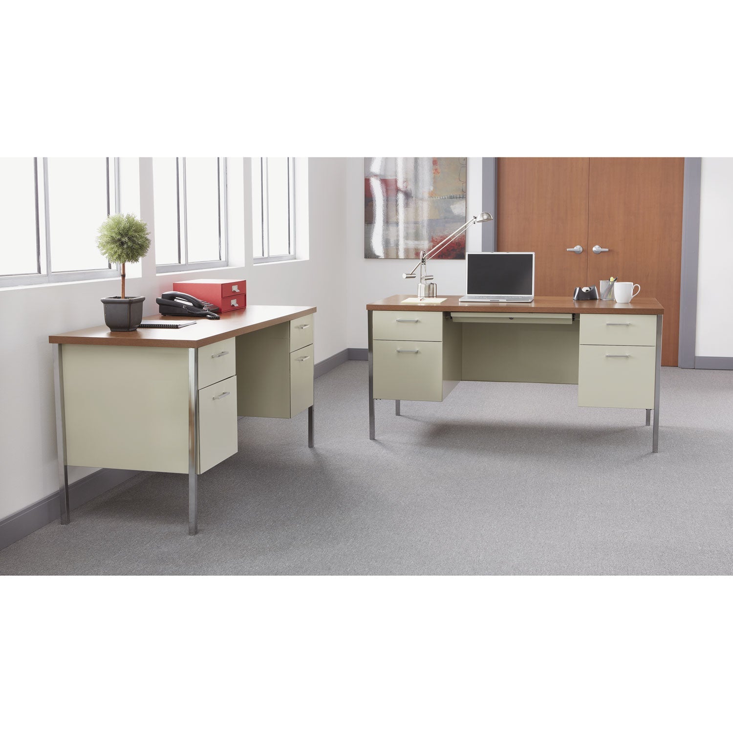 Alera® Double Pedestal Steel Desk, 60" x 30" x 29.5", Cherry/Putty, Chrome-Plated Legs