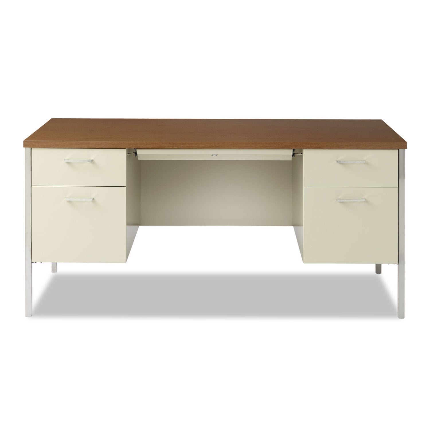 Alera® Double Pedestal Steel Desk, 60" x 30" x 29.5", Cherry/Putty, Chrome-Plated Legs