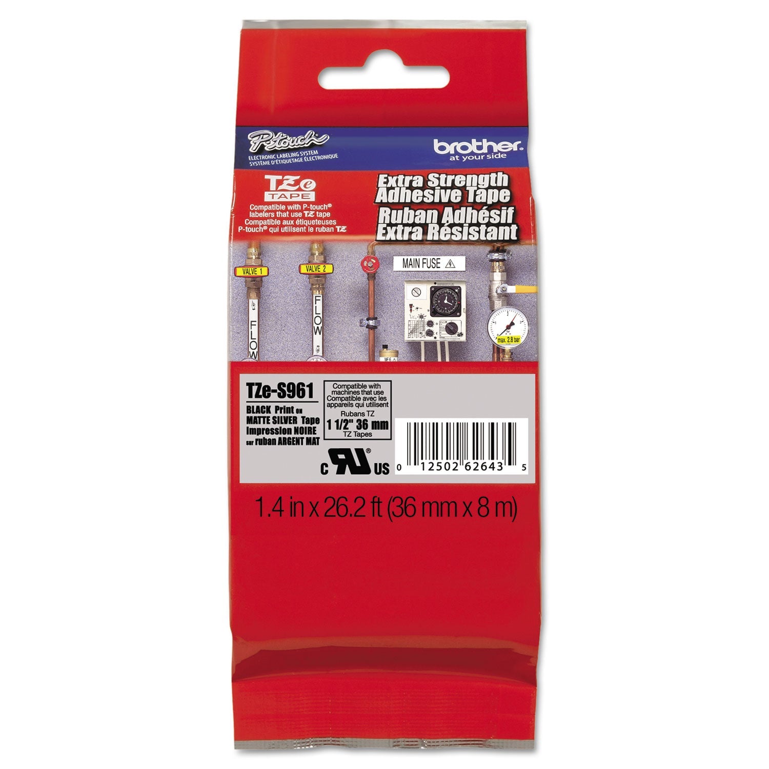 P-Touch Extra-Strength Label Tape | Blk/Matte Slvr