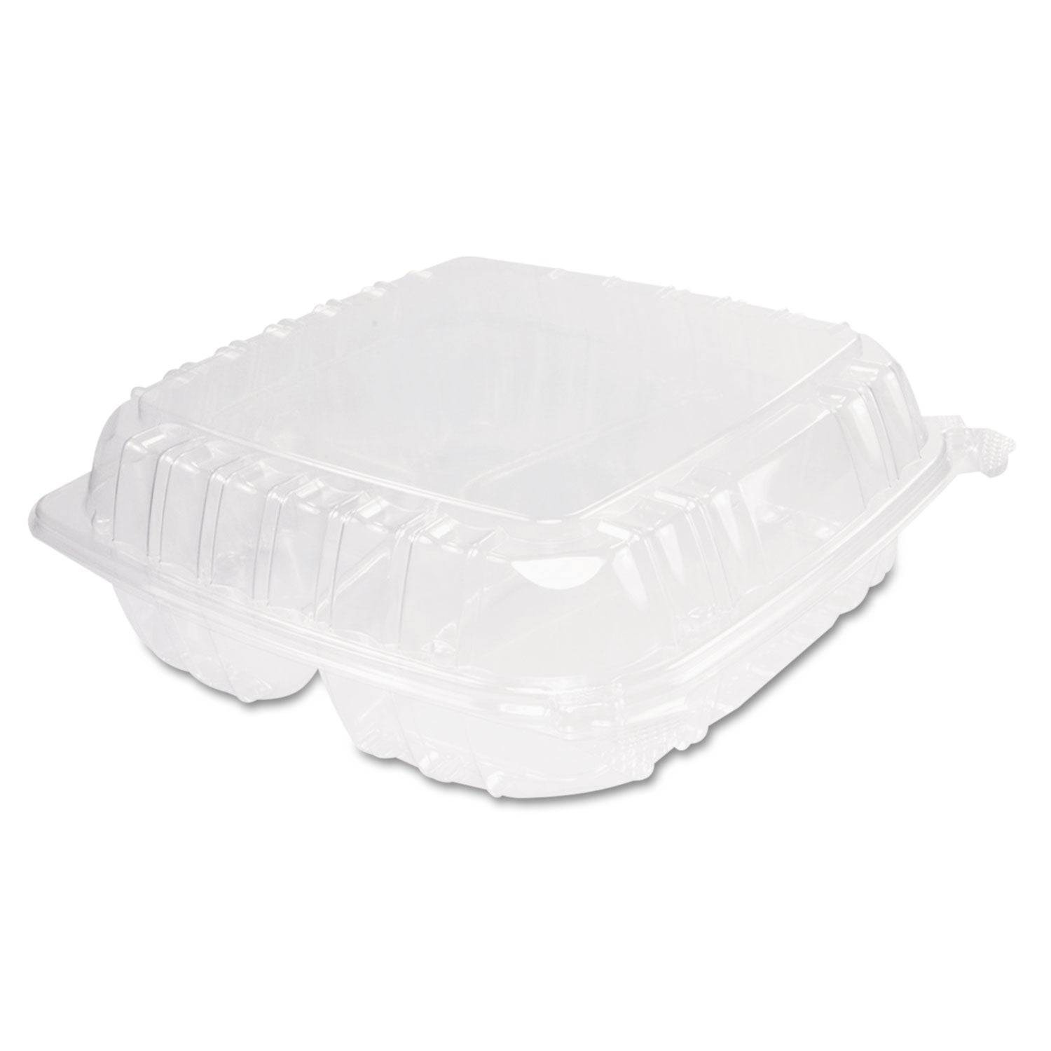 Dart® ClearSeal Hinged-Lid Plastic Containers, 3 Compartments, 9.4 x 8.9 x 3, Plastic, 100/Bag, 2 Bags/Carton