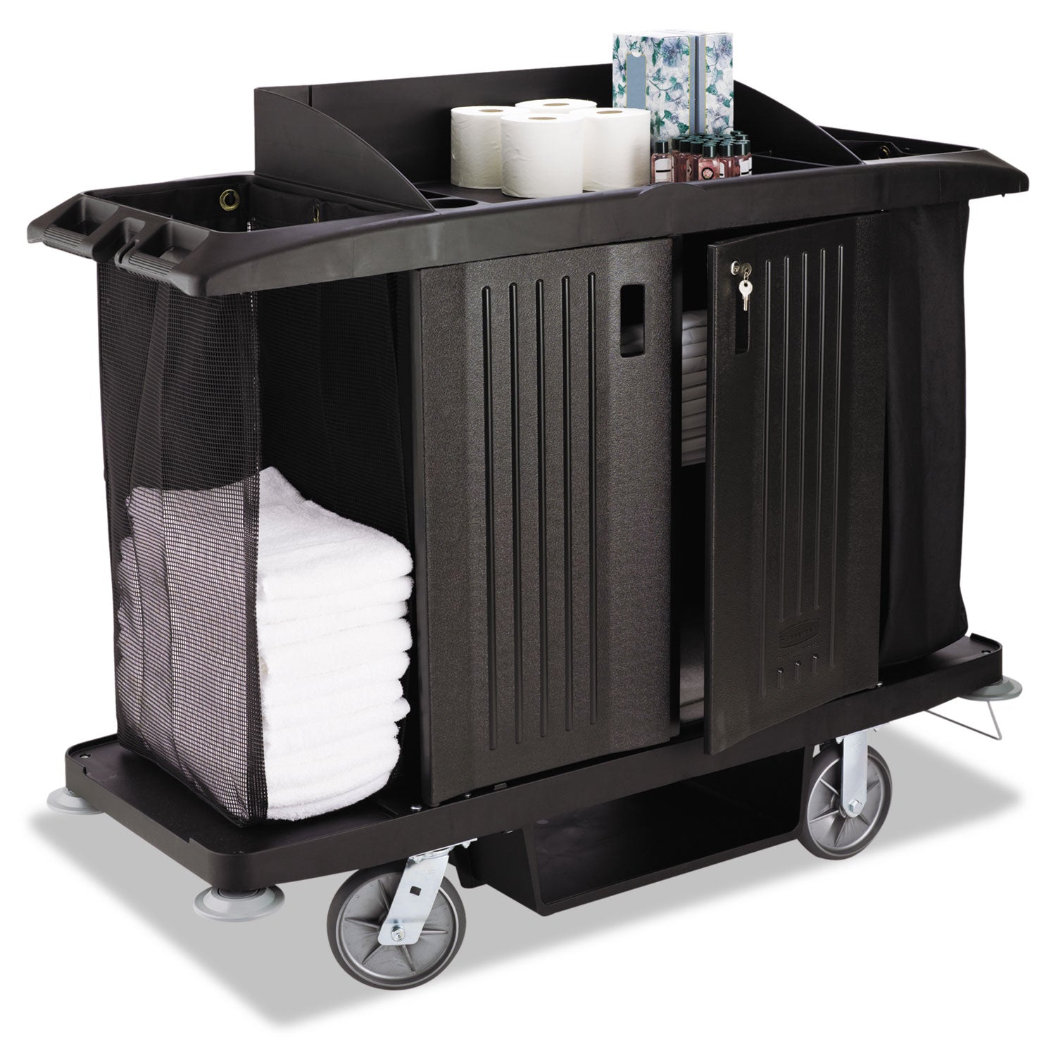 Rubbermaid® Commercial Housekeeping Cart, Plastic, 3 Shelves, 2 Bins, 22" x 60" x 50", Black